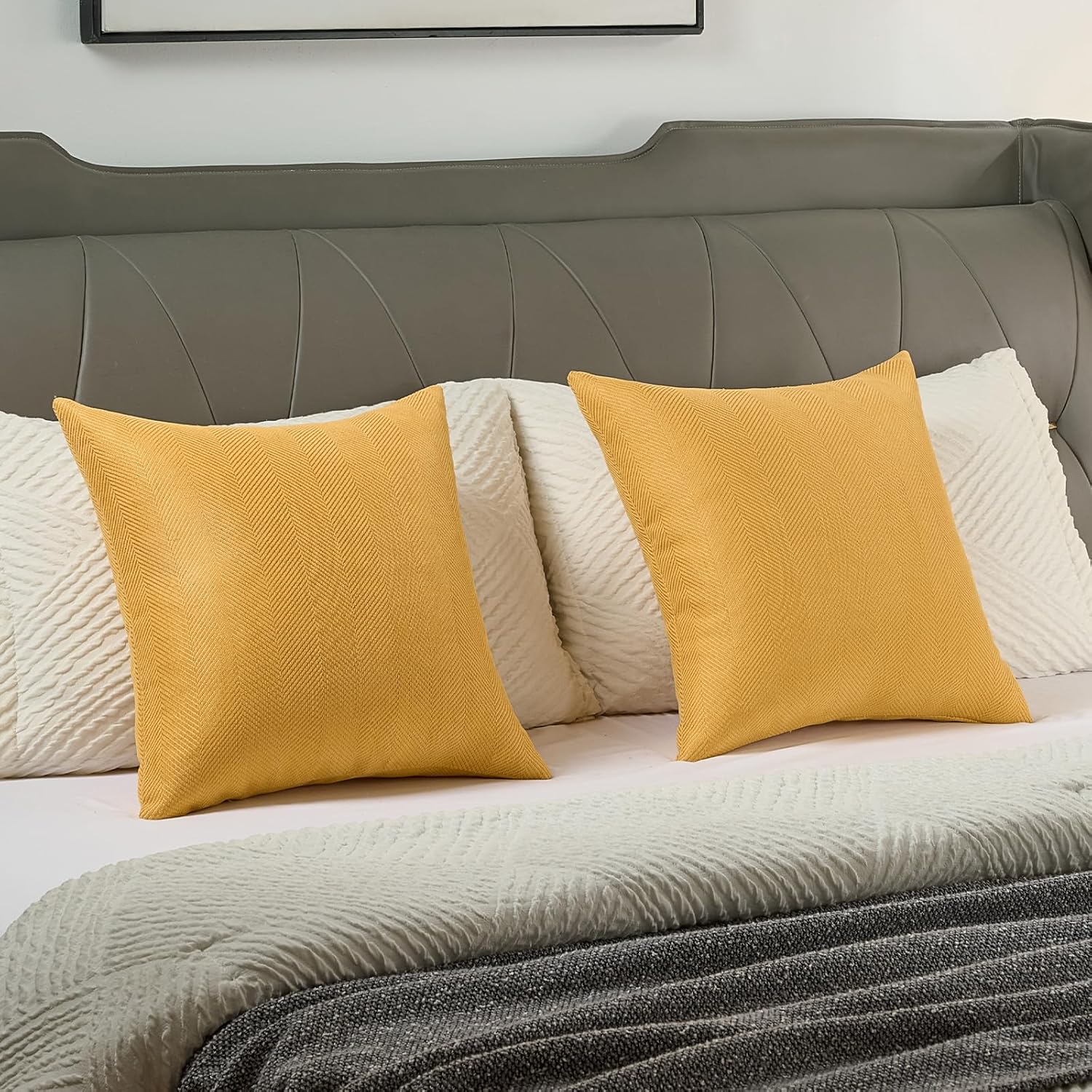 FUTEI Mustard Yellow Chenille Throw Pillow Covers 18x18 Inch Set of 2,Soft Wide Chevron Textured Cushion Case,Farmhouse Home Decor for Couch Bed Living Room