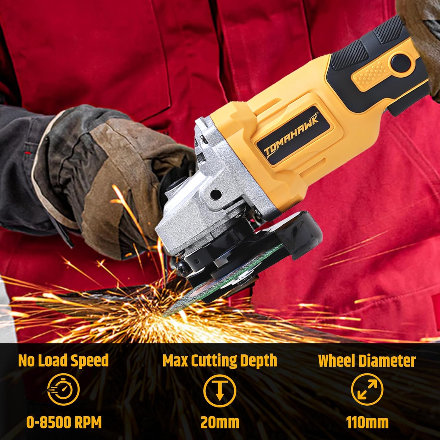 TOMAHAWK® T 32052 Cordless Angle Grinder 21V Brushless Motor, 0-8500 RPM No Load Speed, 110mm Wheel Diameter, Adjustable Speed Control, Battery Level Indicator, Includes 2 Batteries & Charger