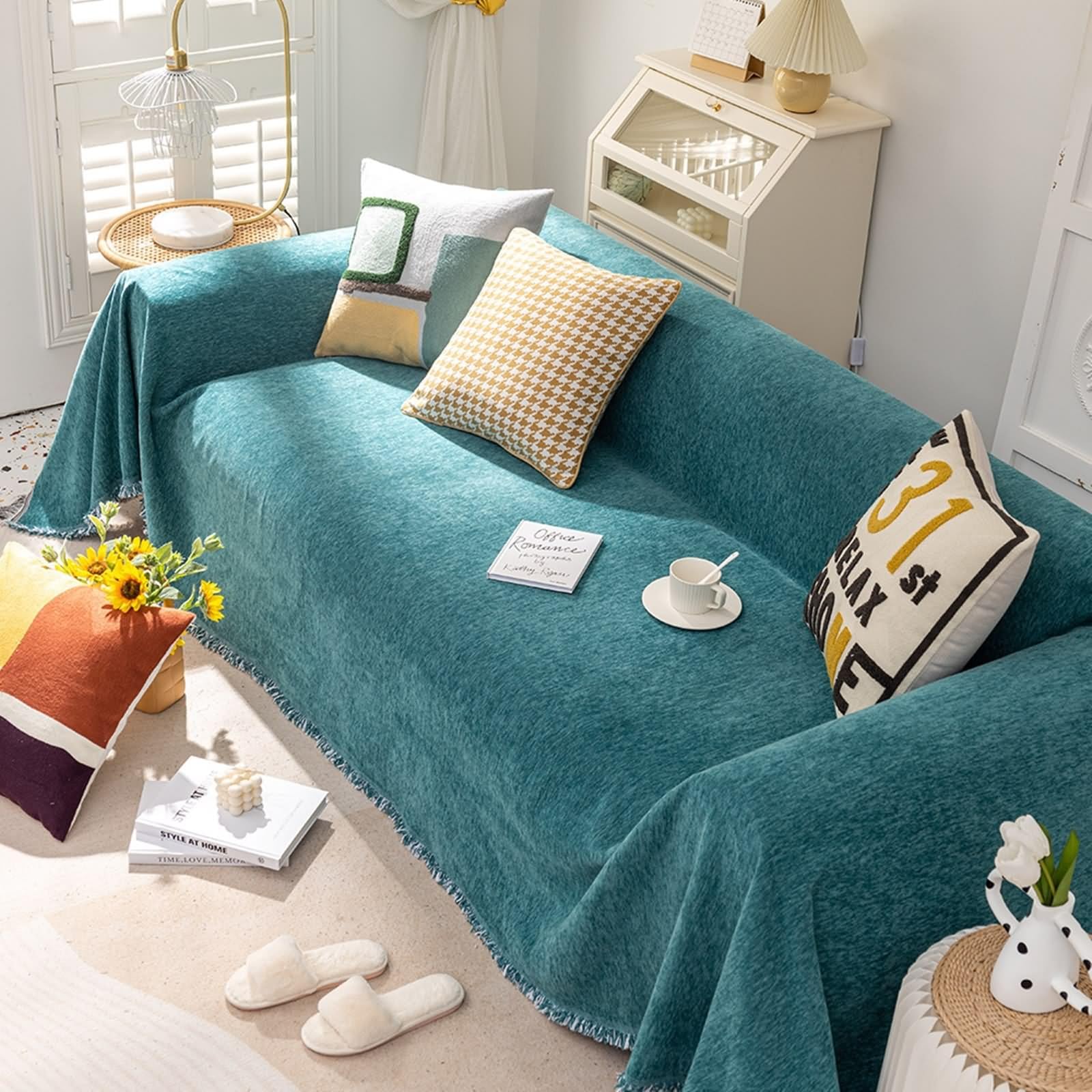 Couvre Canape Grande Taille Vert, Housse de Canapé Une Place Couleur Unie avec Franges Chenille 180x200cm