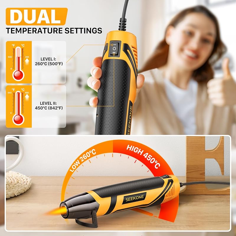 SEEKONE Mini Hőlégfúvó 350W 2 Hőfokozat 260°C/450°C Acél Fúvókával Túlterhelés Védelem Hordozható Forrólevegő Pisztoly DIY Barkács