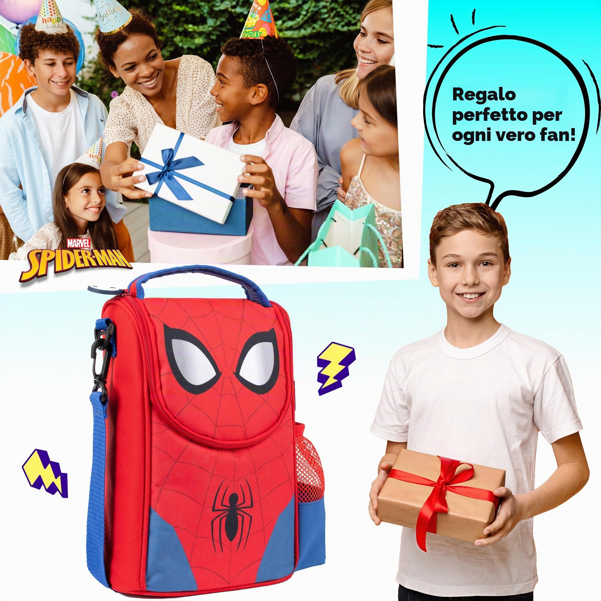 Marvel Borsa portapranzo Spiderman con tracolla e tasca laterale per bottiglia per bambini per la scuola isolata termica grande cibo Carier per ragazzi