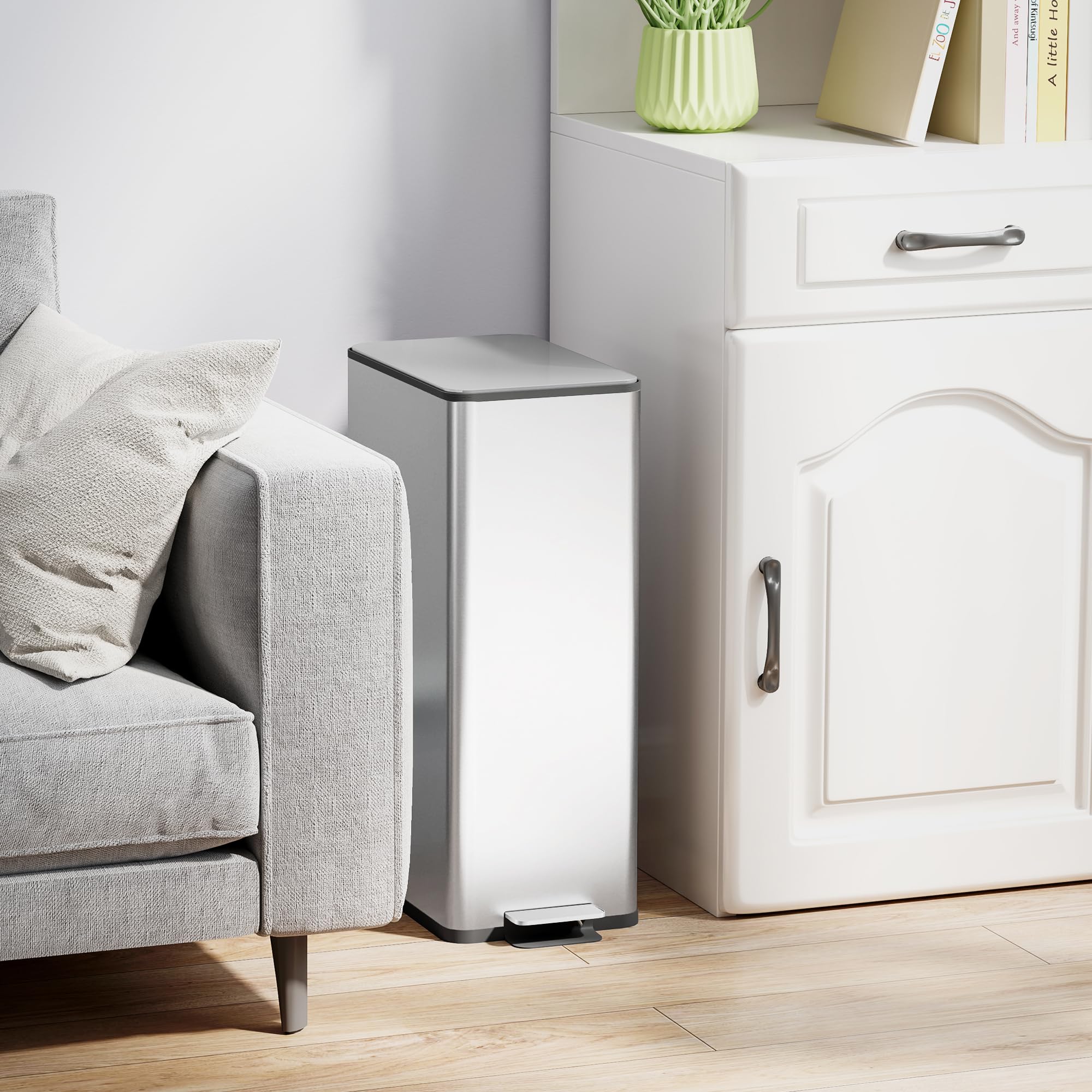 HOMCOM Mülleimer 20 L mit Softclose-Deckel Pedal 21,5 x 37,2 x 57cm Silber | Treteimer, Abfalleimer inkl. Inneneimer, Abfallsammler, Edelstahl, für Bad Schlaf- oder Wohnzimmer