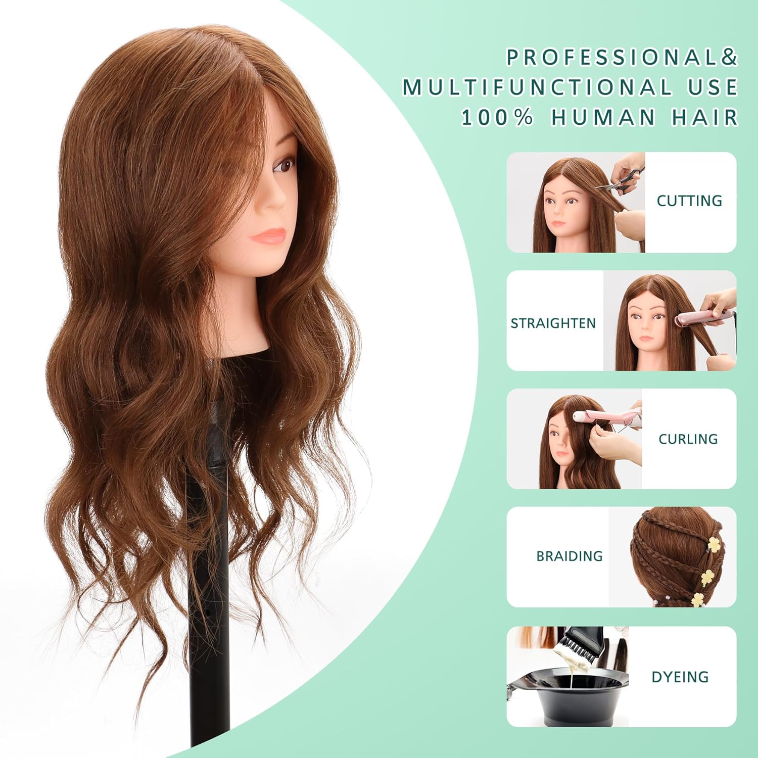 22-24’’ Mannequin Head with Human Hair, Cosmetology Mannequin Head 100% Real Human Hair, Manikin Head with Stand for Hairdressers Practice Braiding Styling Cutting Dying Styles