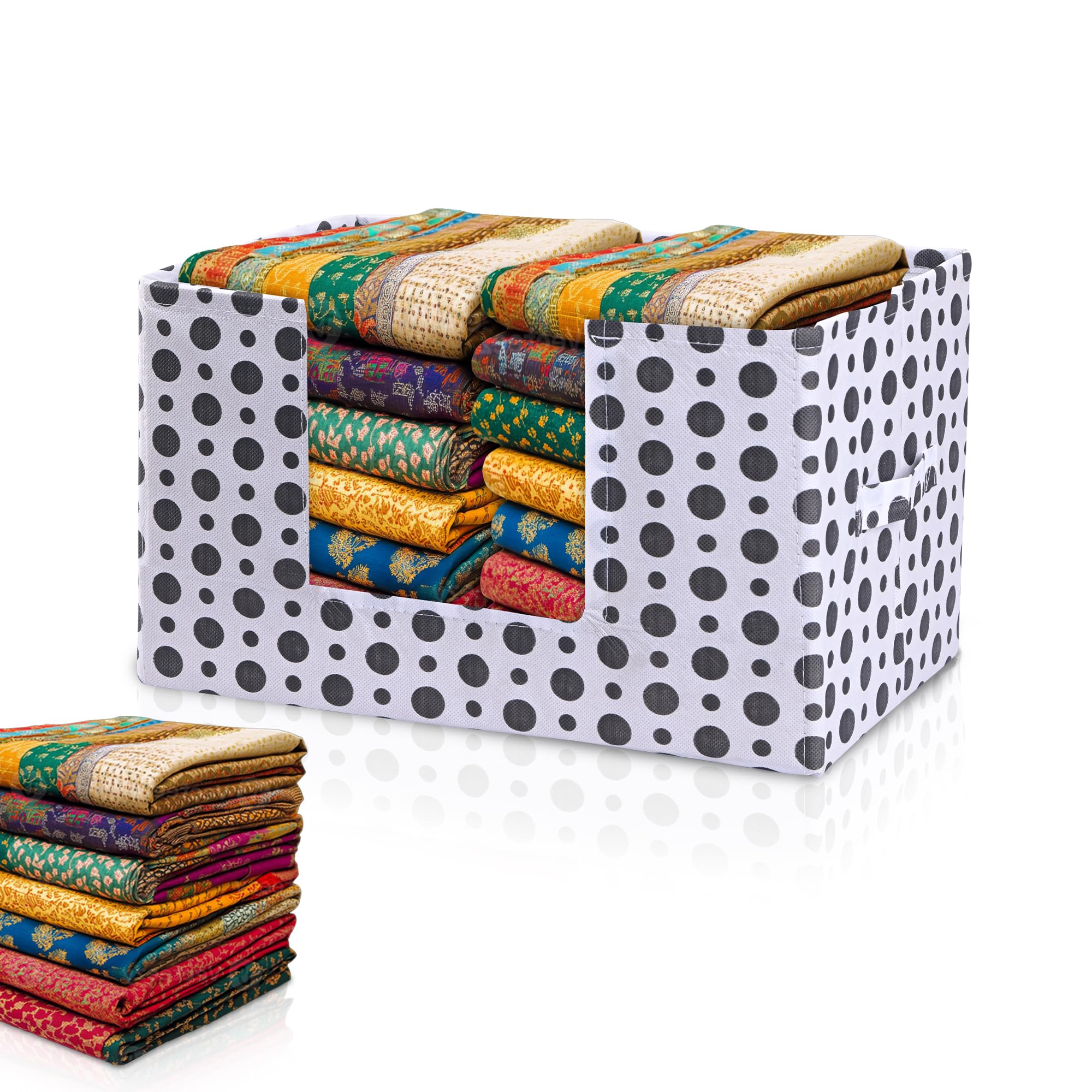 Kuber Industries Cloth Organizer for Storage Wardrobe | Closet Storage Organizer with Handle | Drawer Saree Box Organiser with Handle | Folding Storage Box for Clothes | Polka Dot | White