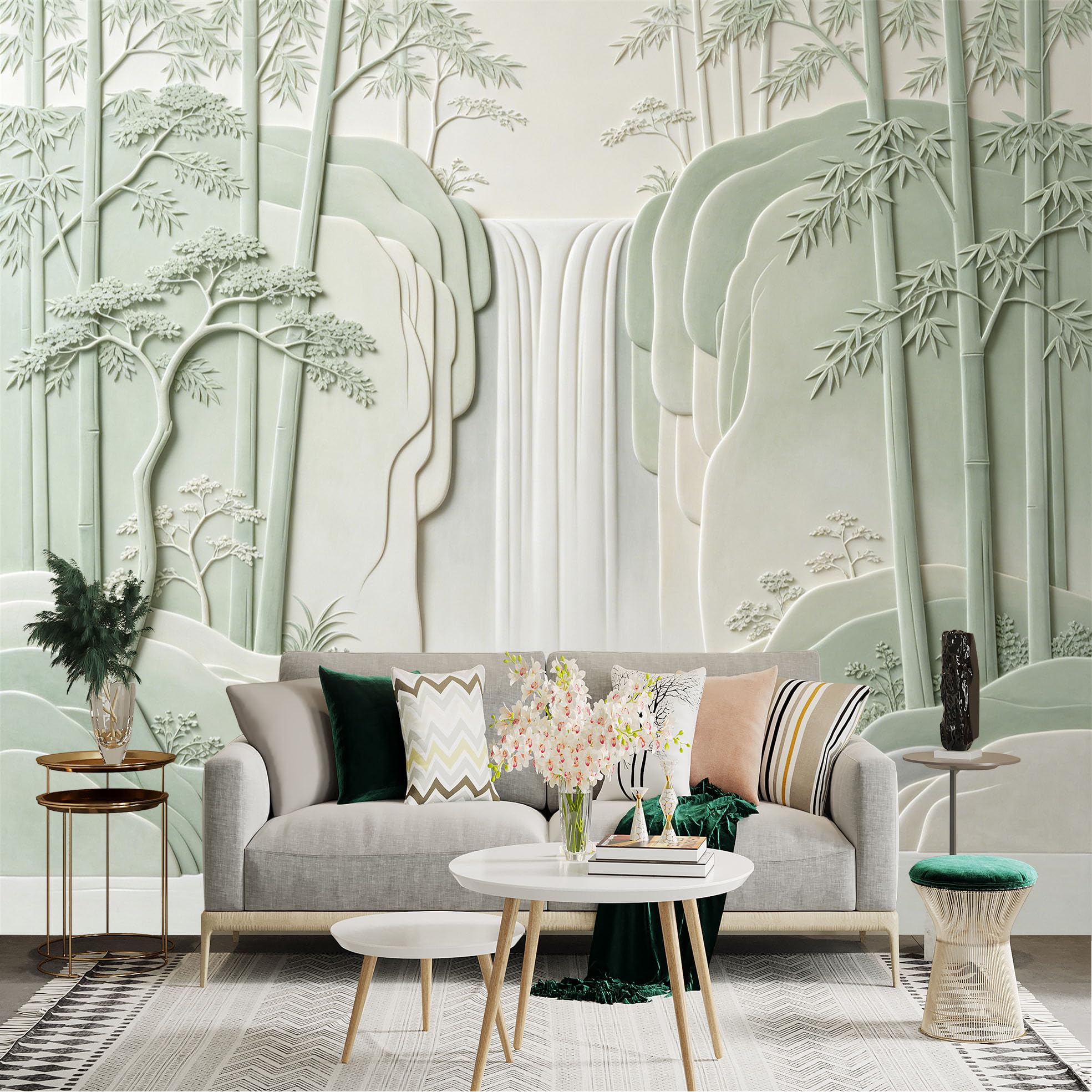 Lnzczhyre Dbh260521155 Custom Size Wall Sticker Mural， Minimalist 3D Bamboo Forest And Cascading Waterfall， Zen Mountain Landscape， Soft Green Relief Art， For Wall Decoration， Peelandstick Wall Decals.