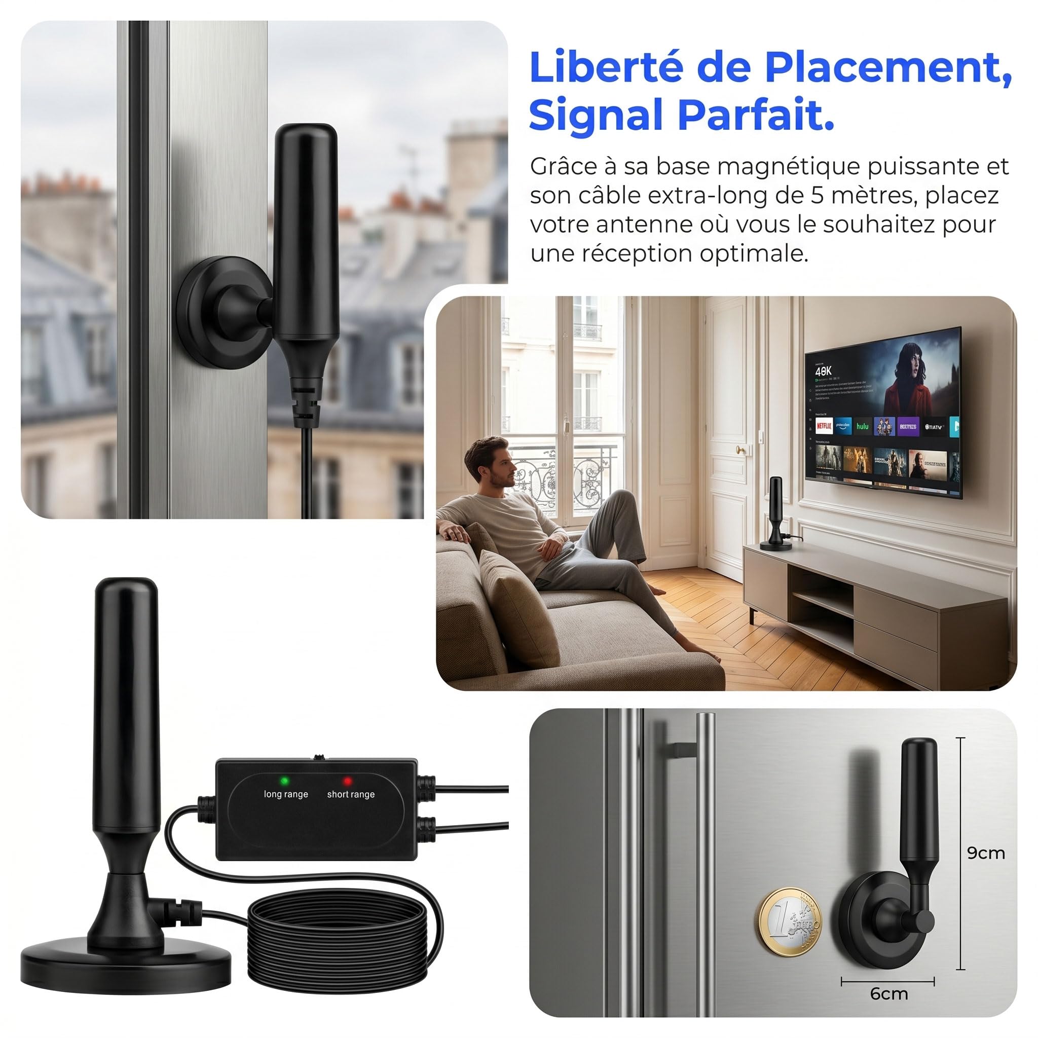 Antenne TV Intérieur Puissante 2026, Antenne TNT Intérieur Amplifiée 360° pour Smart TV, Amplificateur Signal 500km, Chaînes Gratuites 4K 1080P HD, Base Magnétique, Câble 3M