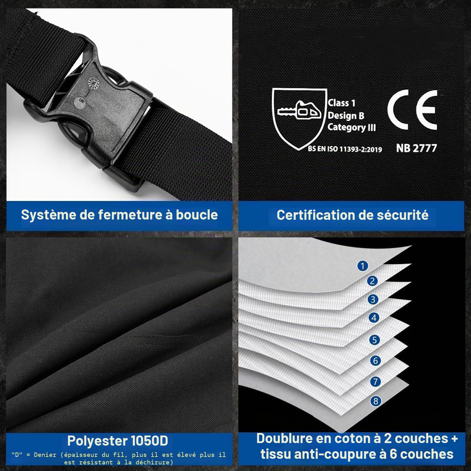 Legging de sécurité universel pour tronçonneuse, 8 couches, chaps de protection réglables, pantalon de sécurité, équipement de protection forestière, protection avant uniquement