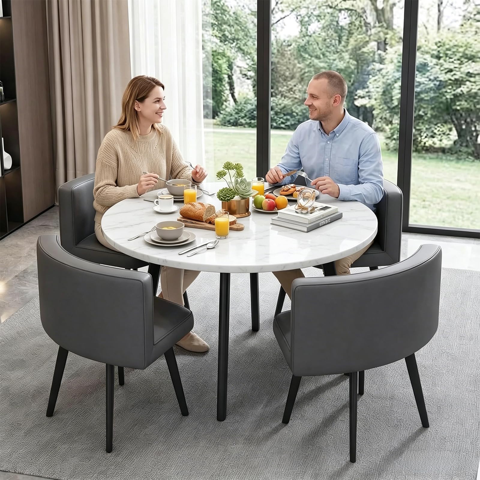 Essgruppe 5-Teilig, Küchenstühle Runder Esstisch und 4 Kunstleder Esszimmerstühle, Küchentisch esszimmertisch 80 cm, für 4-6 Personen, für Esszimmer, Küche, Wohnzimmer, Modern (White-1)
