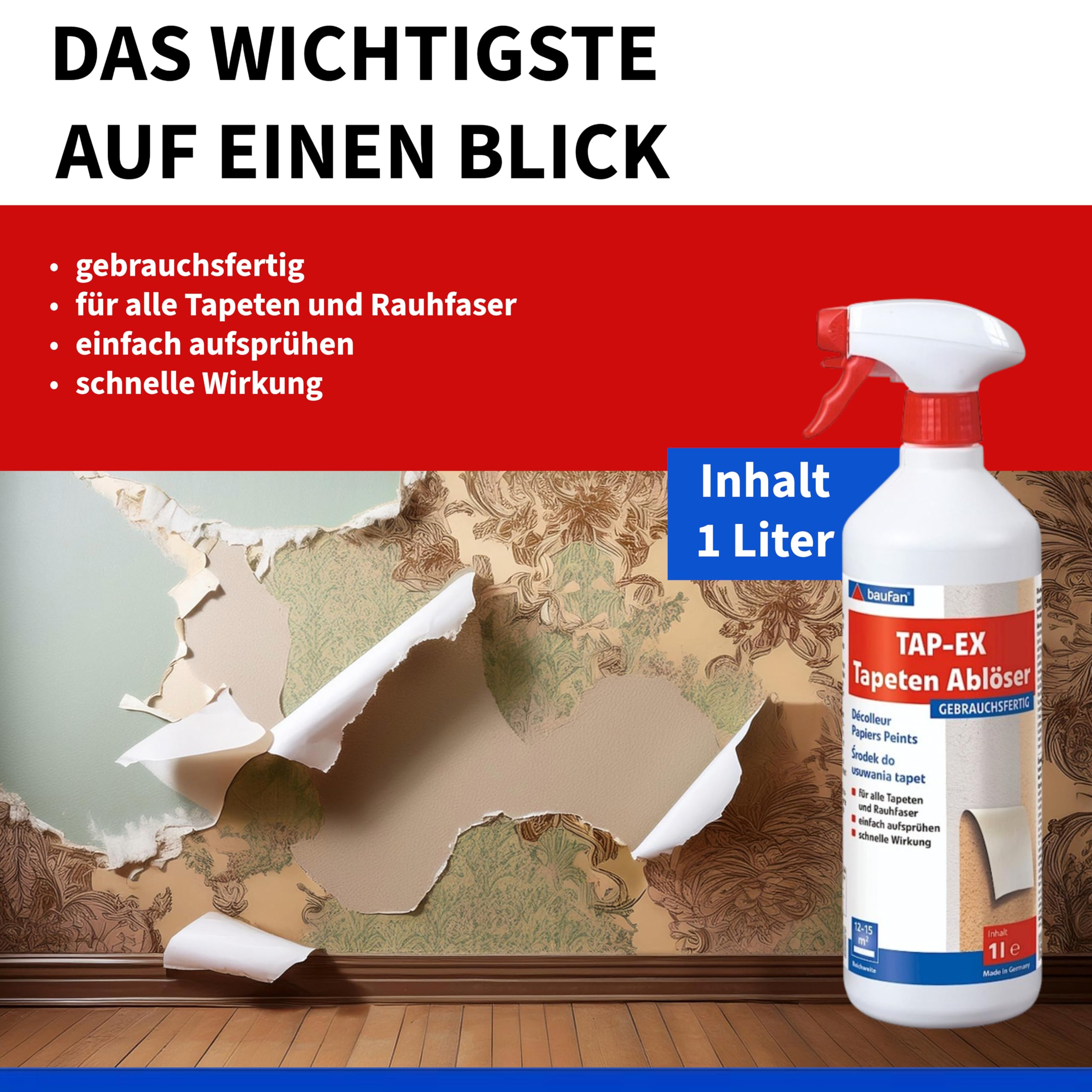 Baufan TAP-EX - Eliminador de papel pintado, 1 L, muy eficaz para todos los papeles pintados y fibras ásperas, sin disolventes, con fuertes propiedades de solución