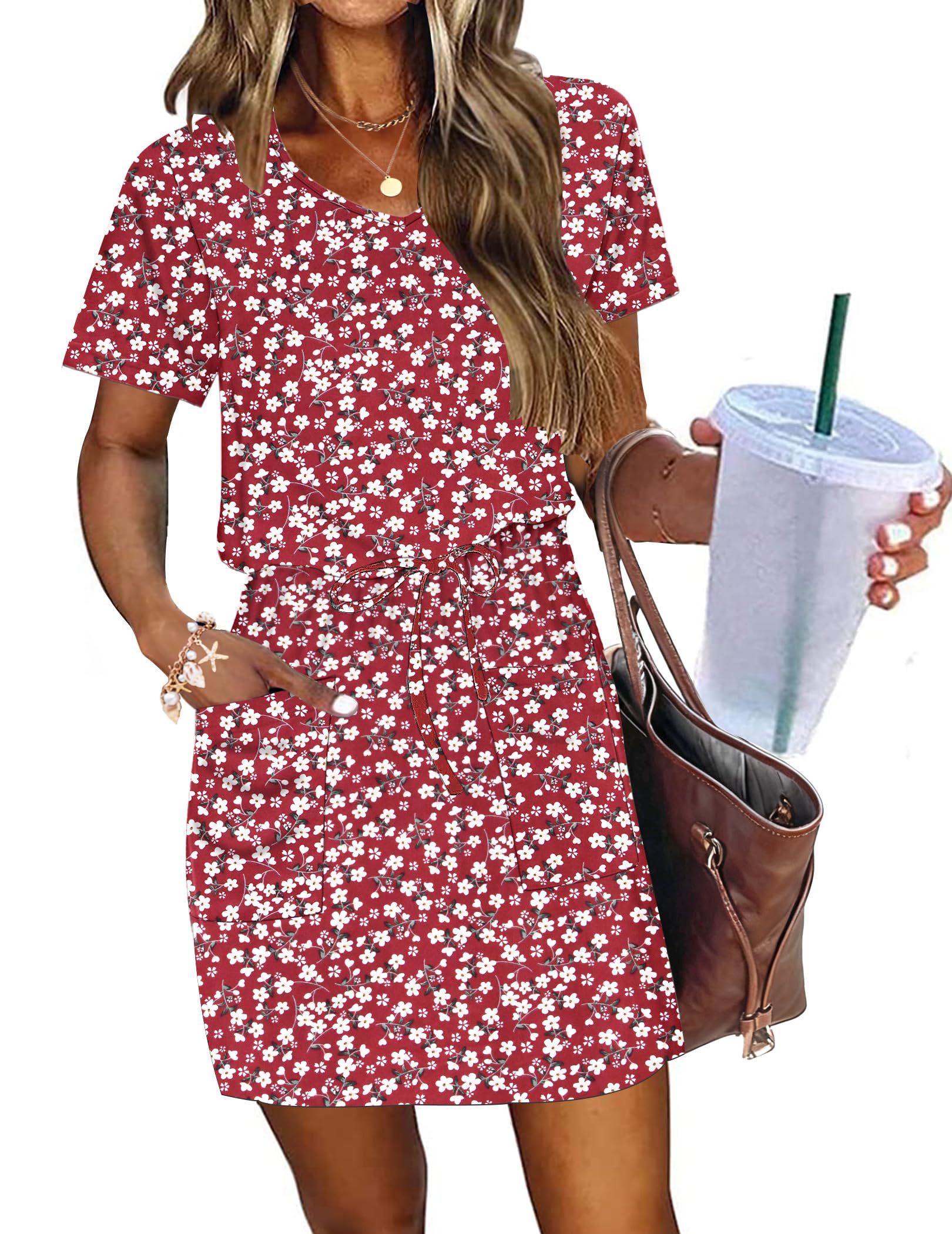 AUSELILY Womens Summer Dresses 2026 Causal Short Sleeve V Neck Tie Front Mini Short Dress with Pockets