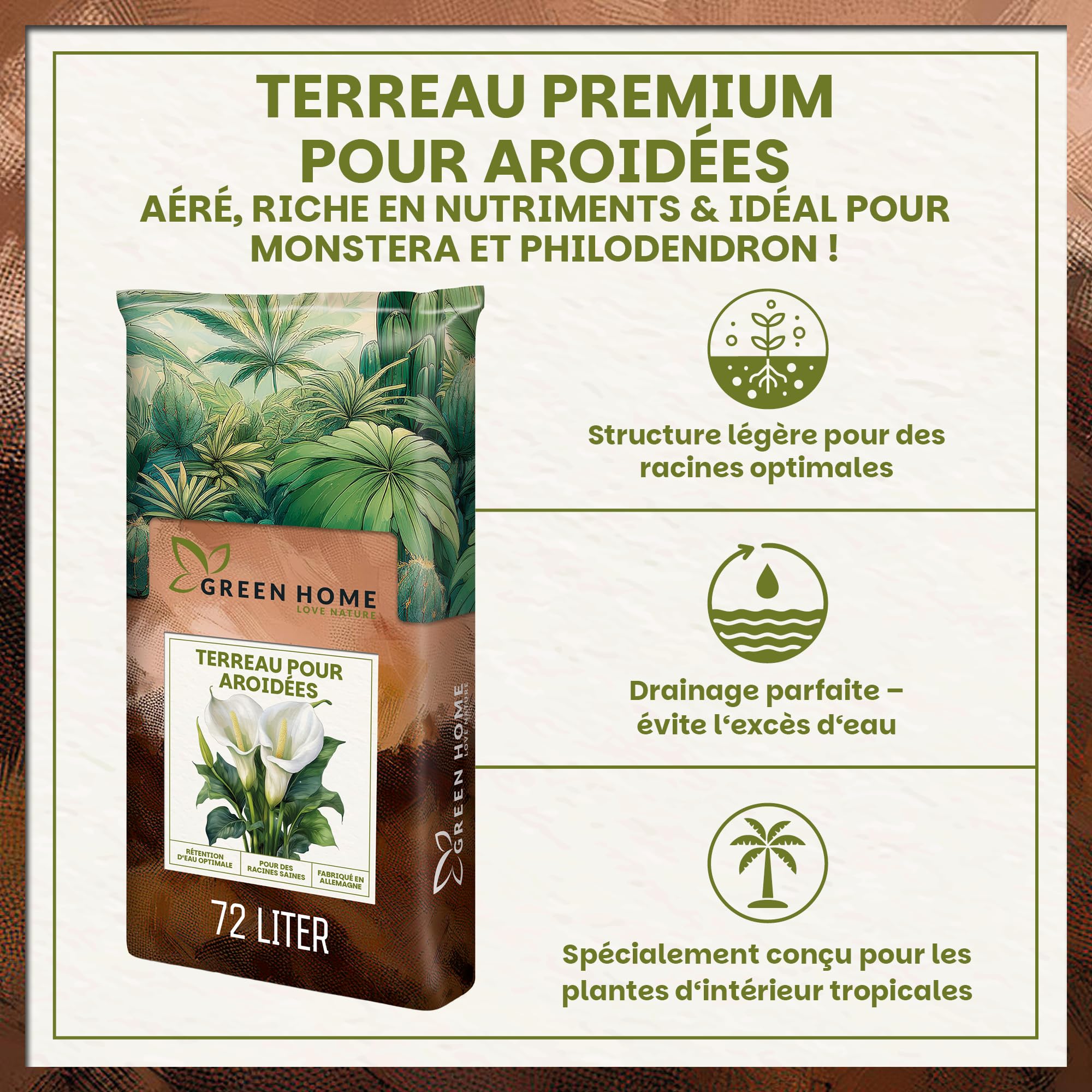 Green Home Terreau Aroides 72L – Substrat pour Monstera, Philodendron & Plantes Tropicales – avec Perlite pour Un Drainage Optimal – pour bonsaïs, Palmiers & orchidées