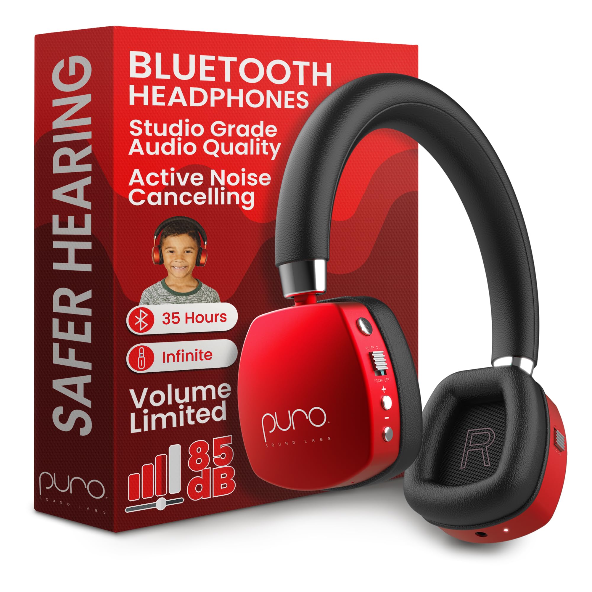 Puro Sound Labs PuroQuiet Plus Kids Noise Cancelling Headphones, Bluetooth Kids On Ear Headphones with Mic, Lightweight On-Ear Design, Studio-Grade Sound (Red)
