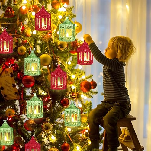 Miniatura 4 de 12 mini faroles decorativos de Navidad con vela LED de 4.33 pulgadas, pequeño farol colgante con purpurina para centro de mesa, adorno de Navidad