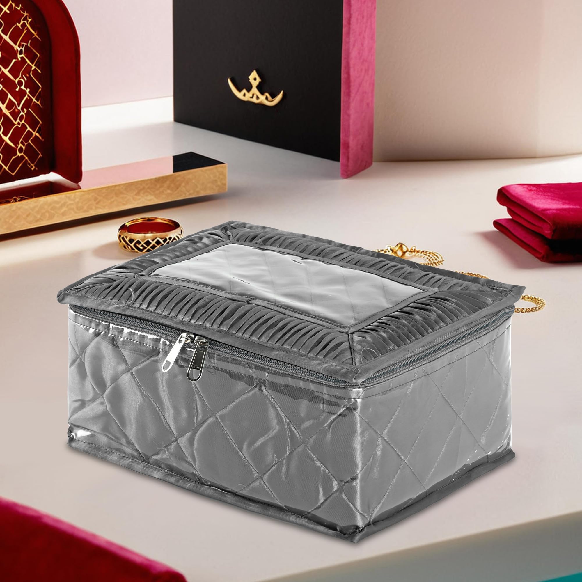 Kuber Industries Satin Makeup Pouch Bag with 12 Compartments | Multipurpose Jewellery Organisers Pouch for Storage Earrings, Rings and Bracelets | Grey