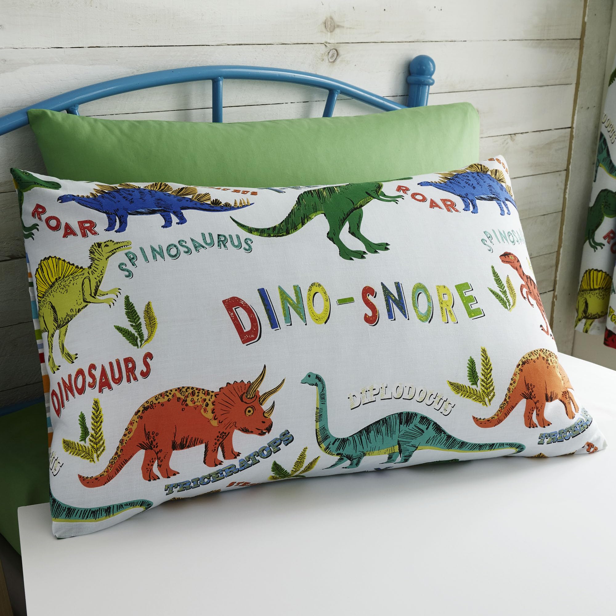 Happy Linen Company Kids Girls Dinosaur Park Jurassic Pink T-Rex Dino White Reversible Pair Of Pillow Cases