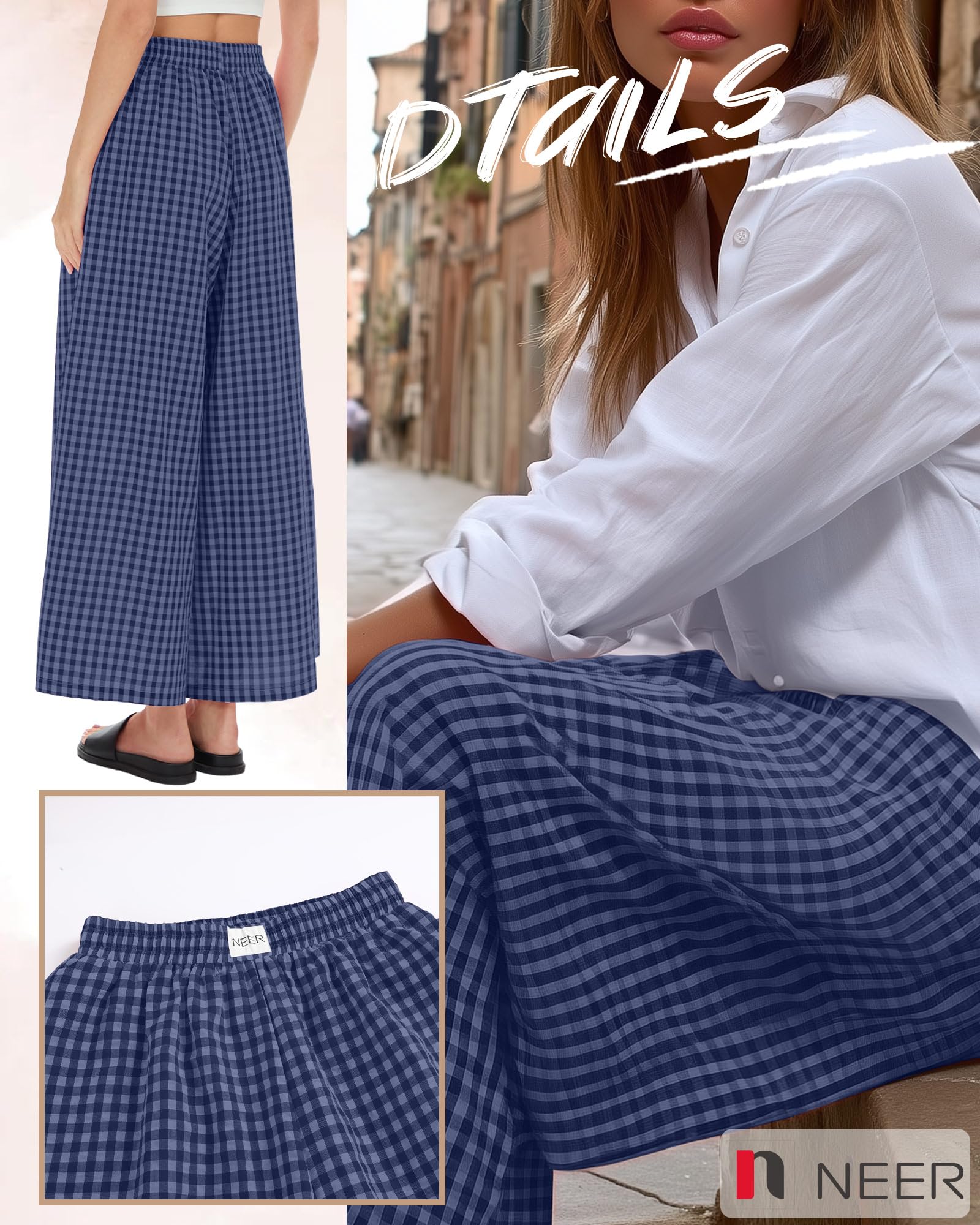 Neer Pantalon Femme Carreaux Vichy Taille Haute Élastique Fluide Large Coupe Palazzo avec Poches | Pantalon jupe, carreaux, jupes, fluide, ample, surdimensionné, pantalon habillé, pantalon de pyjama, taille élastique
