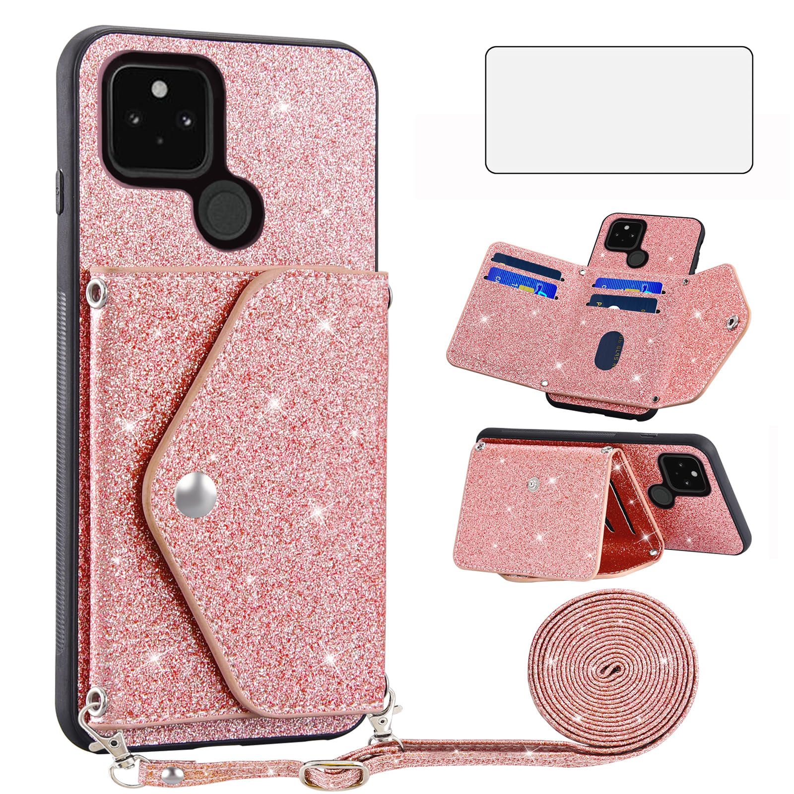 Asuwish Phone Case for Google Pixel 5 Wallet Cover with Tempered Glass Screen Protector and Crossbody Strap Lanyard Bling Glitter Credit Card Holder
