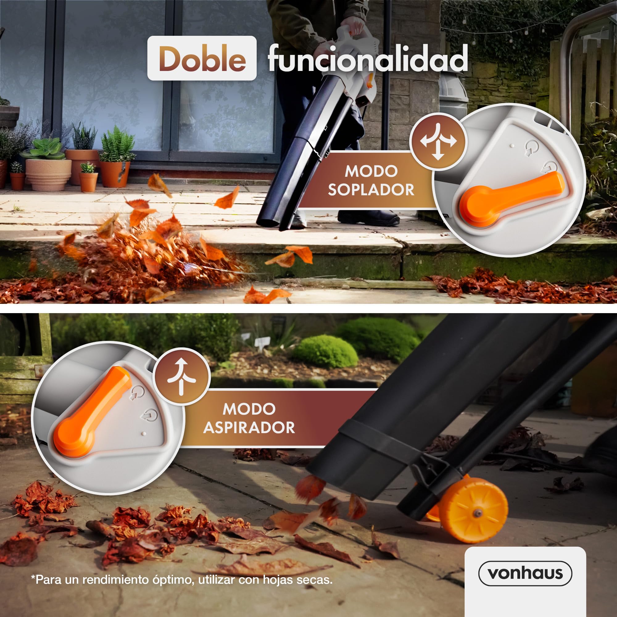 VonHaus Soplador Aspirador de Hojas Ligero de 3000W – Sopladora Aspiradora de Hojas de Jardín, Patio, Canalones, Caminos y Más, Correa de Hombro, Ruedas, Bolsa de Recogida de 35L 10:1 (Negro) - 3
