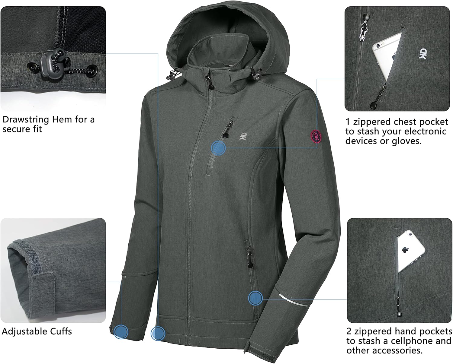 Little Donkey Andy Women's Softshell Jacket Ski Jacket with Removable Hood, Fleece Lined - Image 4
