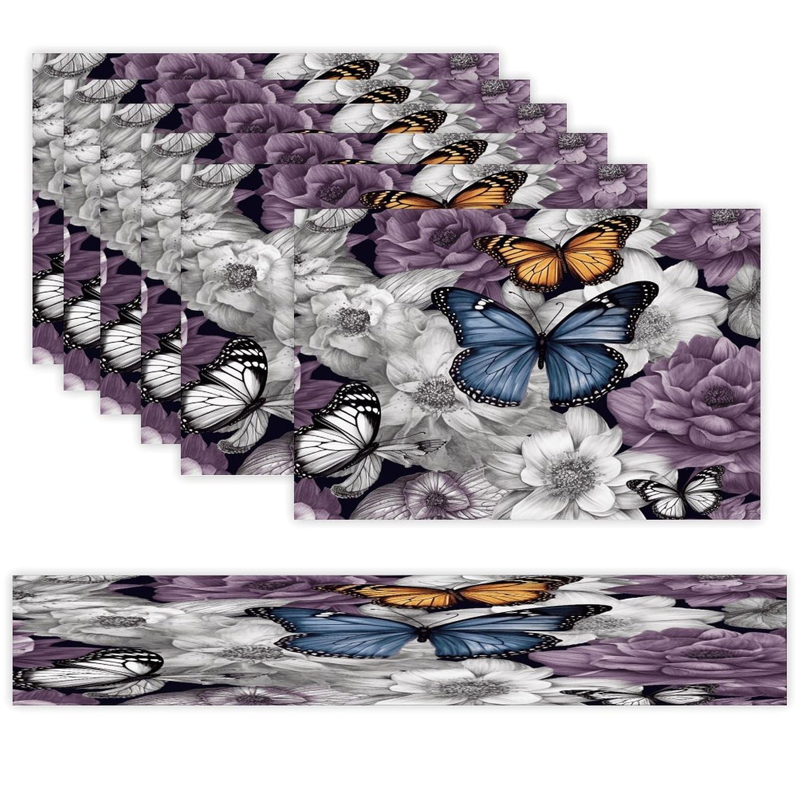 Purple Butterflies Floral Table Runner and Placemats Set of 6 Stain Resistant Heat Resistant Place Mats for Kitchen Dining Table Mats Long Table Runner Modern Art Dining Decor for Daily Use