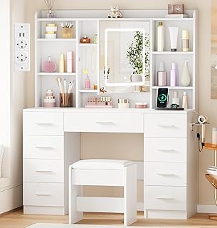 Comprar BEWISHOME Grande Tocador de Maquillaje con Espejo y Luces LED, Brillo Ajustable, Mesa de Maquillaje con Enchufes y Taburete, Tocador Moderno con 9 Cajones y 7 Estantes Abiertos,Blanco FST36W