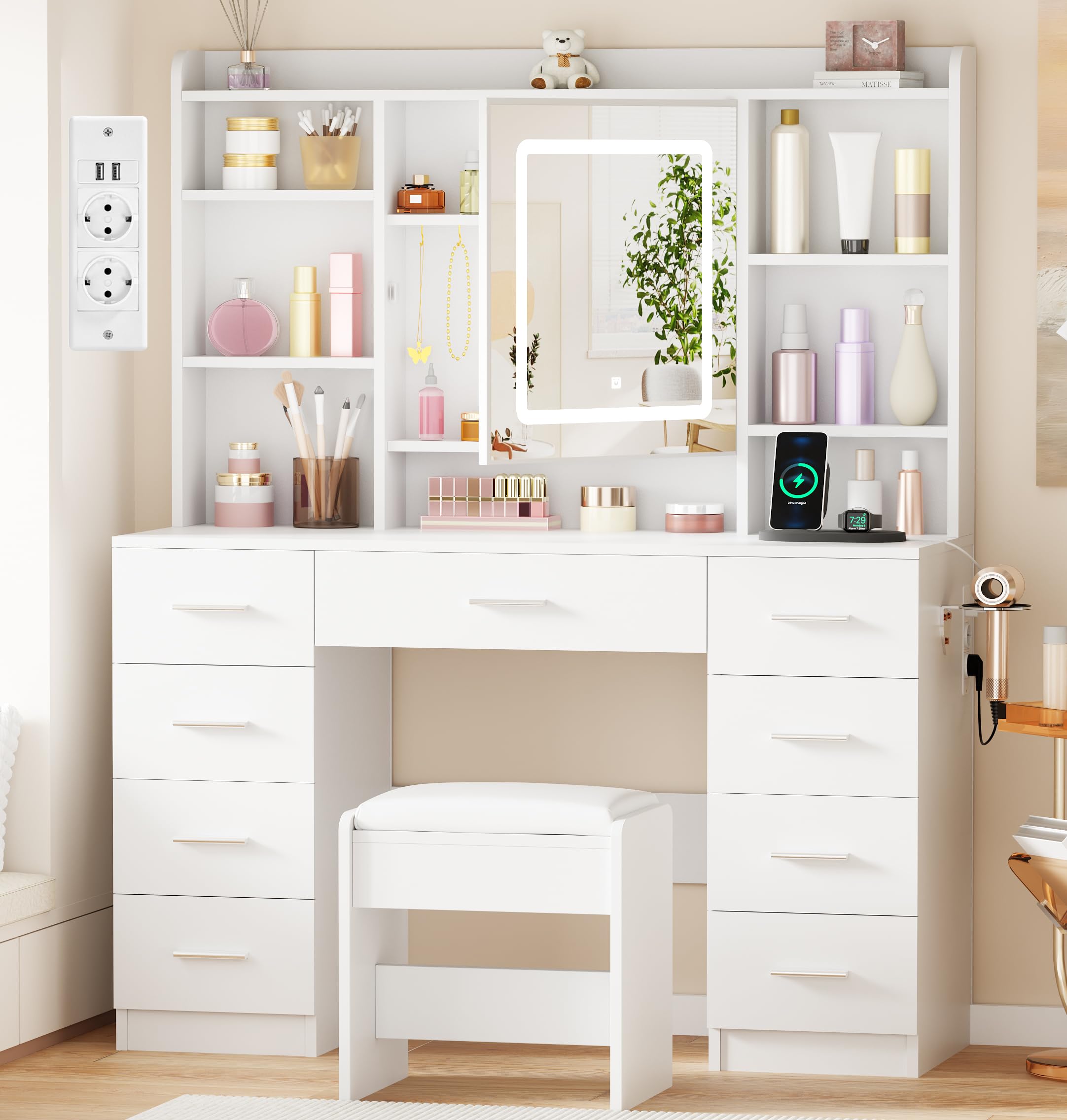 BEWISHOME Grande Tocador de Maquillaje con Espejo y Luces LED, Brillo Ajustable, Mesa de Maquillaje con Enchufes y Taburete, Tocador Moderno con 9 Cajones y 7 Estantes Abiertos,Blanco FST36W