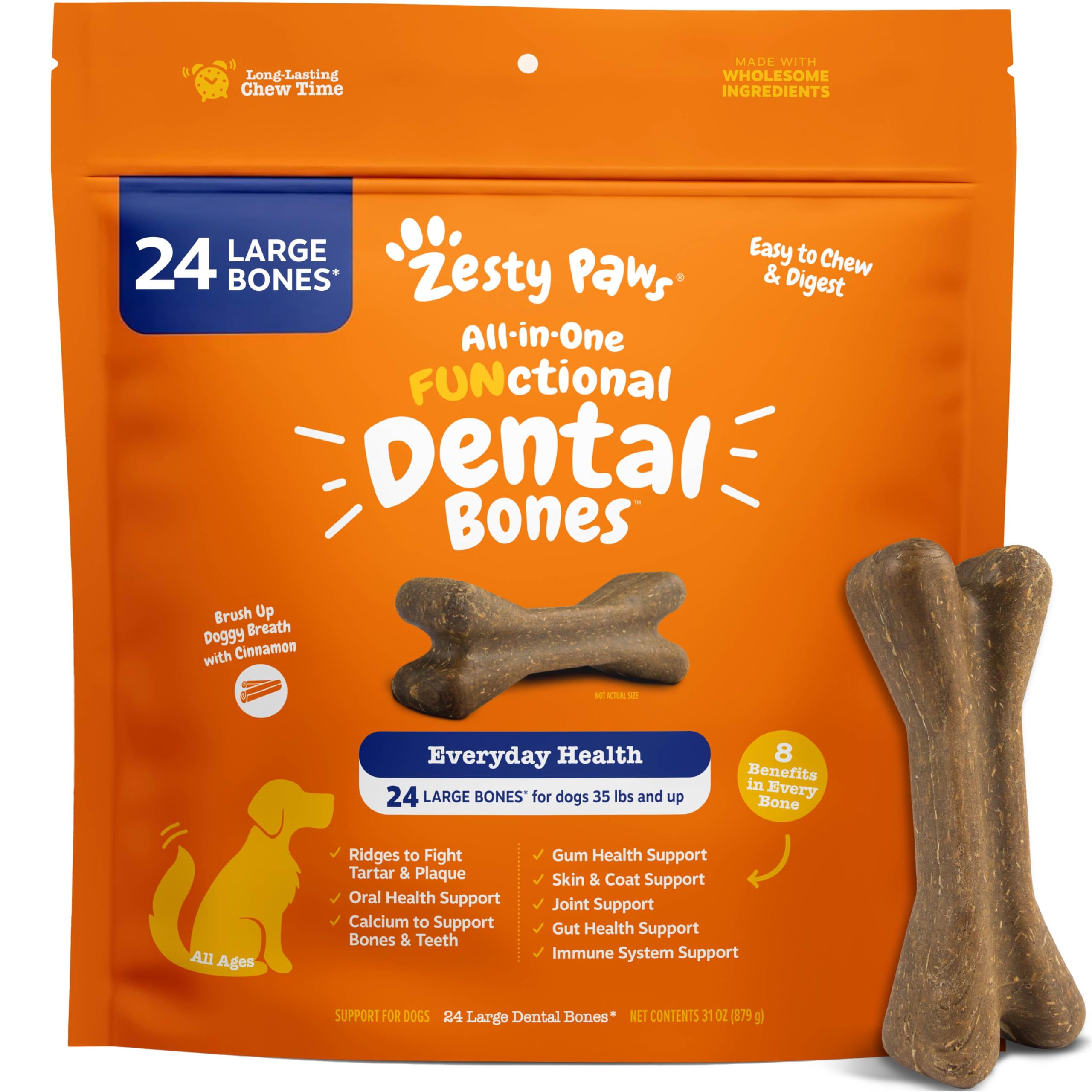 Zesty Paws Dental Bones - Fights Tartar & Plaque - Gum, Teeth & Bone Health - Cinnamon for Dog Breath - Immune, Joint, Gut, Skin & Coat Support - Omega 3 EPA & DHA and Calcium - Large Dogs - 24 ct