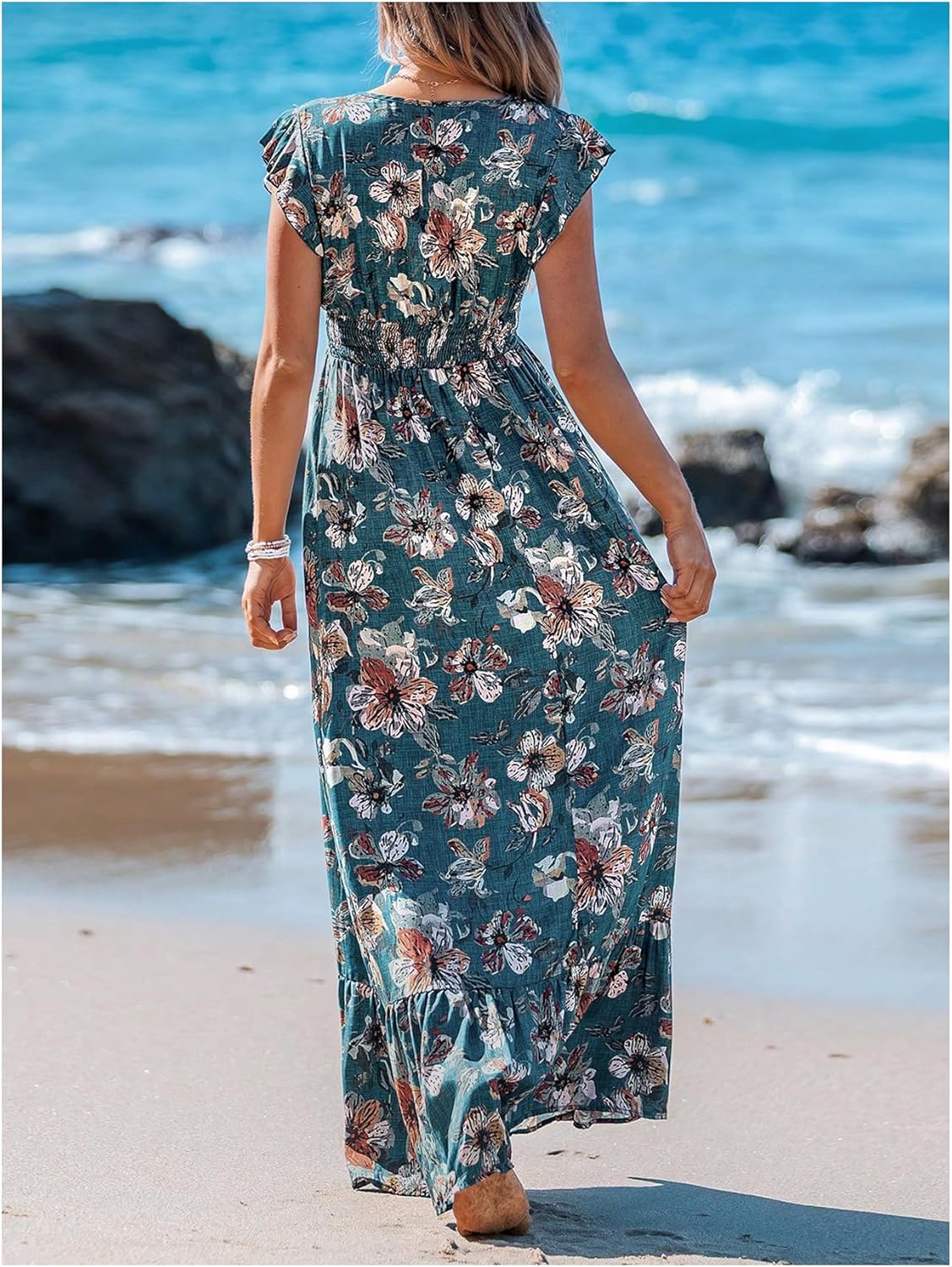 Women's Boho Floral Maxi Dress Summer Ruffle V Neck A Line Flowy Sundress Beach Vacation Clothes - Image 2