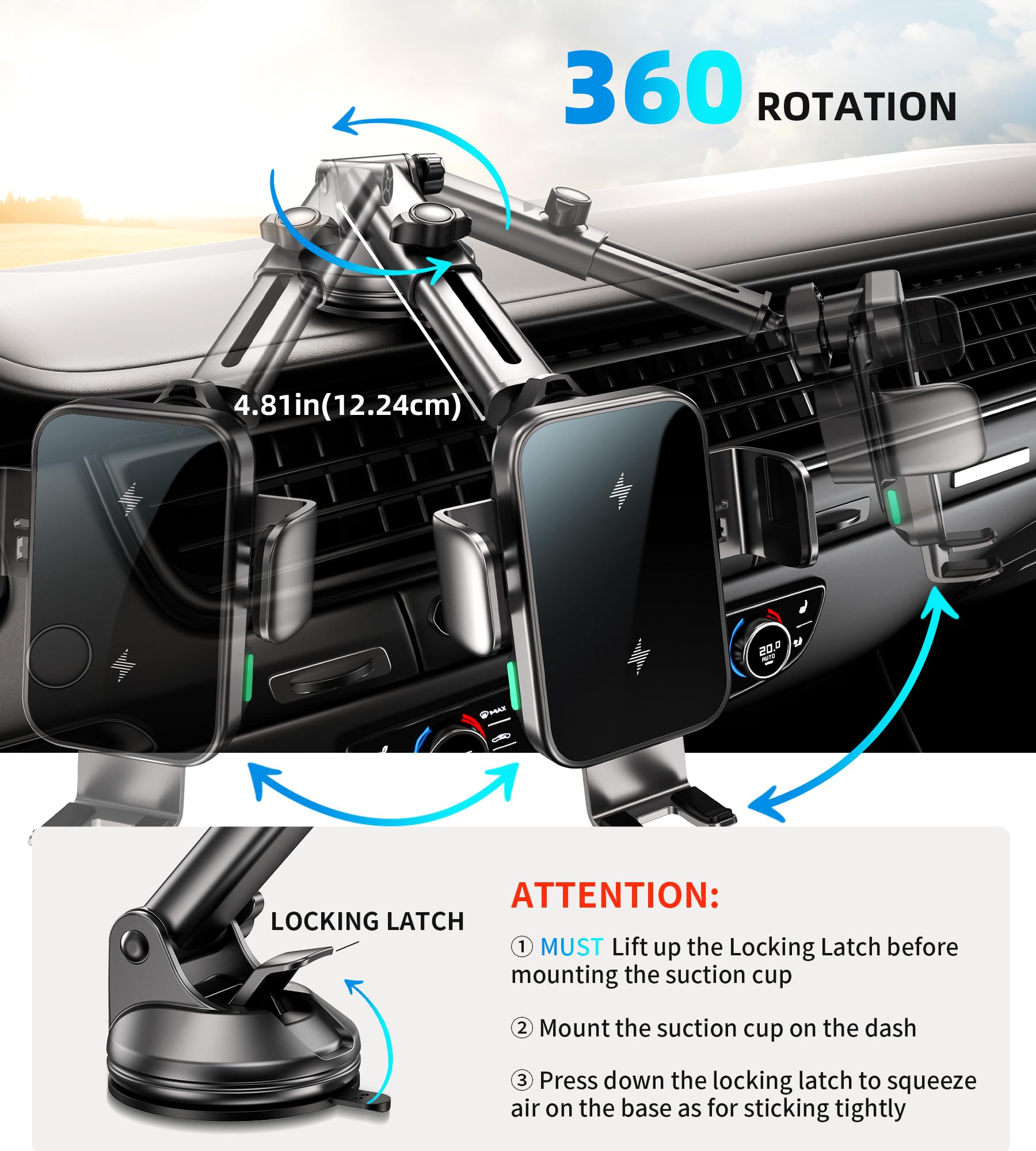 15W Handyhalterung Auto mit Ladefunktion, [360° Automatische Klemmung] Induktive Ladestation Auto Wireless Charger für Lüftung+ Saugnapf, Kfz Ladegerät für iPhone 17-12 (Black-Mount)