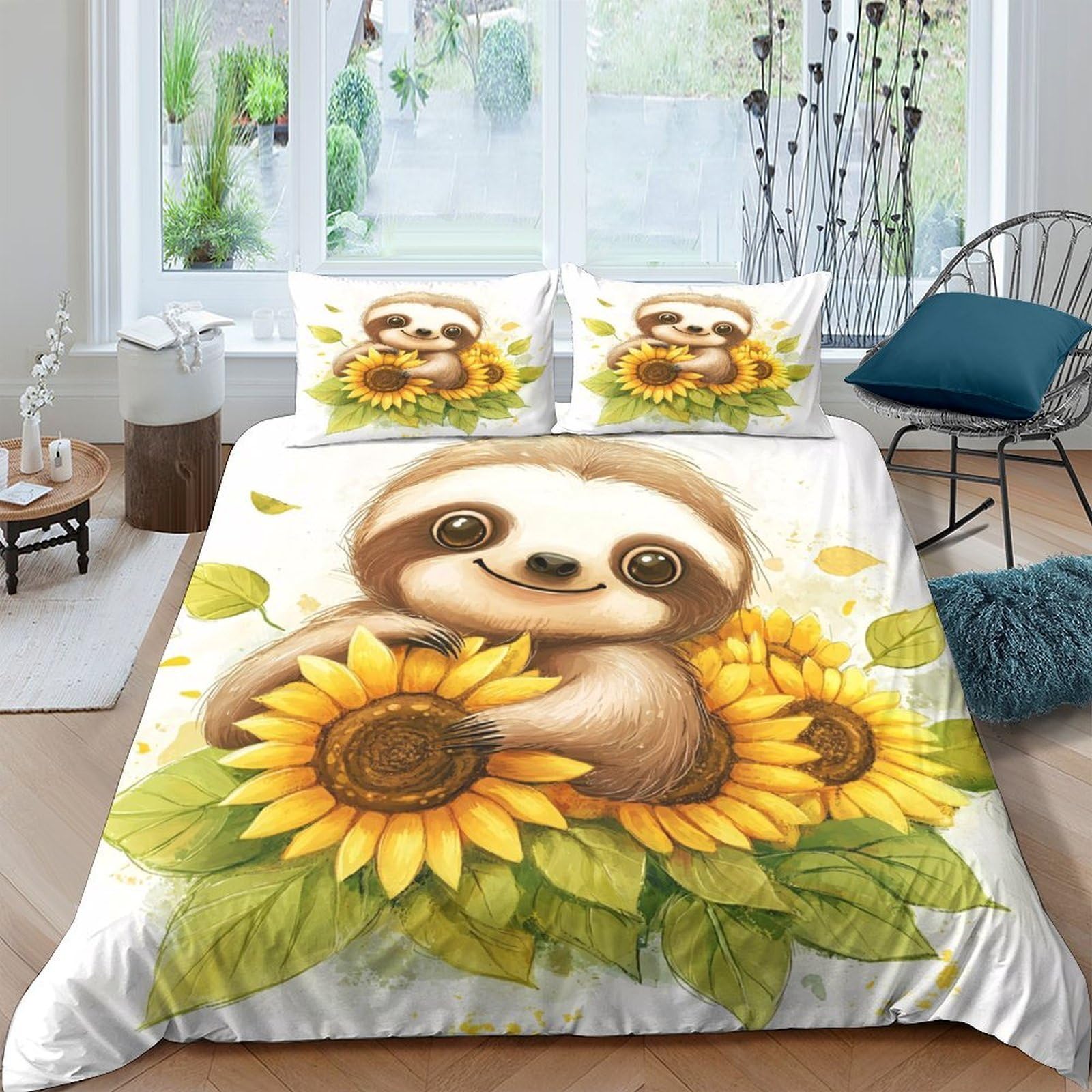 Ctjqhvkz Style-7 3D Printed Sloth Sunflower Fitted Sheet Microfiber Soft Non-Slip Bed Cover For Bedroom Guest Room Dorm Decor Single（135X200cm）