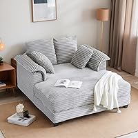 VINGLI 56" Oversized Corduroy Chaise Lounge Chair Light Grey - Comfy Recliner Sofa Bed with Pillows & Armrests for Living Room Bedroom