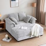 56" Oversized Chaise Lounge Chair&comma; Light Grey Comfy Corduroy Chaise Sofa Recliner Bed Upholstered Sleeper Couch Bed with Throw Pillows and Armrests for Living Room&comma; Movie Room&comma; Bedroom
