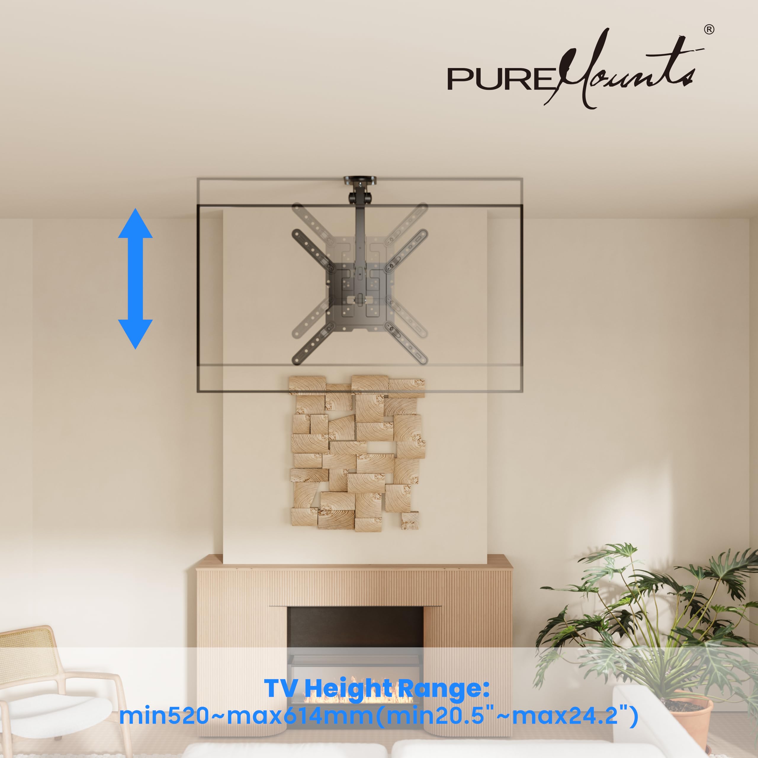 PureMounts TV Deckenhalterung für Fernseher, geeignet für 23-55 Zoll, klappbar, höhenverstellbar, schwenkbar, neigbar, bis VESA 400x400, schwarz