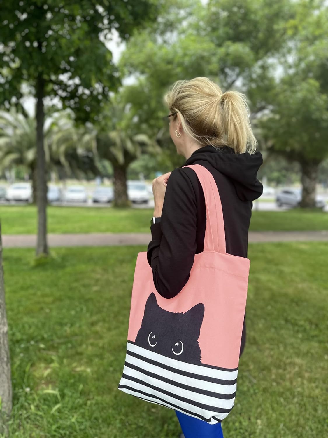 Cat Lover's Tote Bag - Large Pink Tote with Black Cat Design - Reusable Shopping Bag for Women - Hello Kitty Gift - Image 2