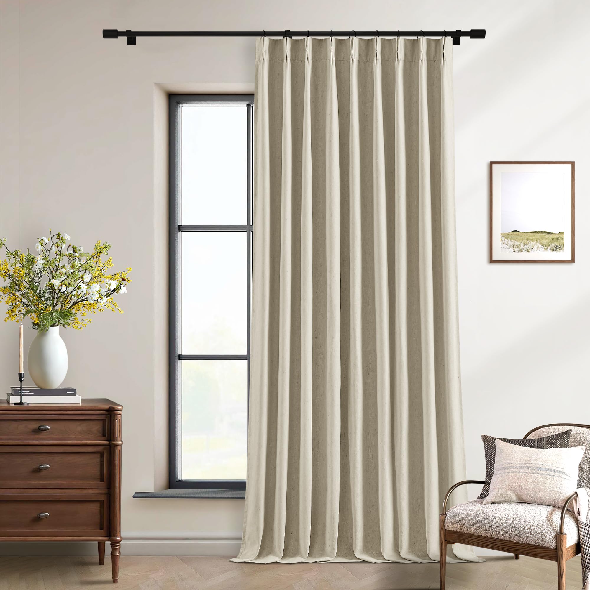 Photo 1 of Neutral 102 Inch Linen Pinch Pleated Blackout Curtains Extra Wide 60 Inch Width for Sliding Glass Doors Modern Pleated Linen Blend Large Window Drapes 2 Layer Bedroom Living Room Taupe 60x102 1 Panel