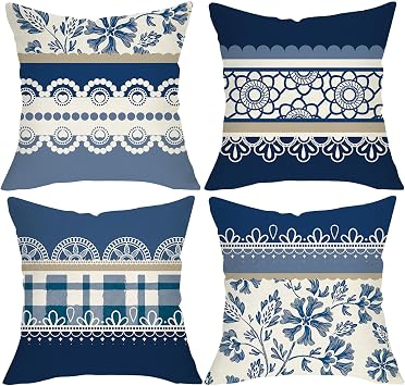 Vintage Floral Decorative Throw Pillow Covers 18x18 Set of 4 | Retro Blue White Flower Buffalo Plaid Porch Outdoor Home Decor, Farmhouse Sofa Couch Cushion Case Housewarming Gift