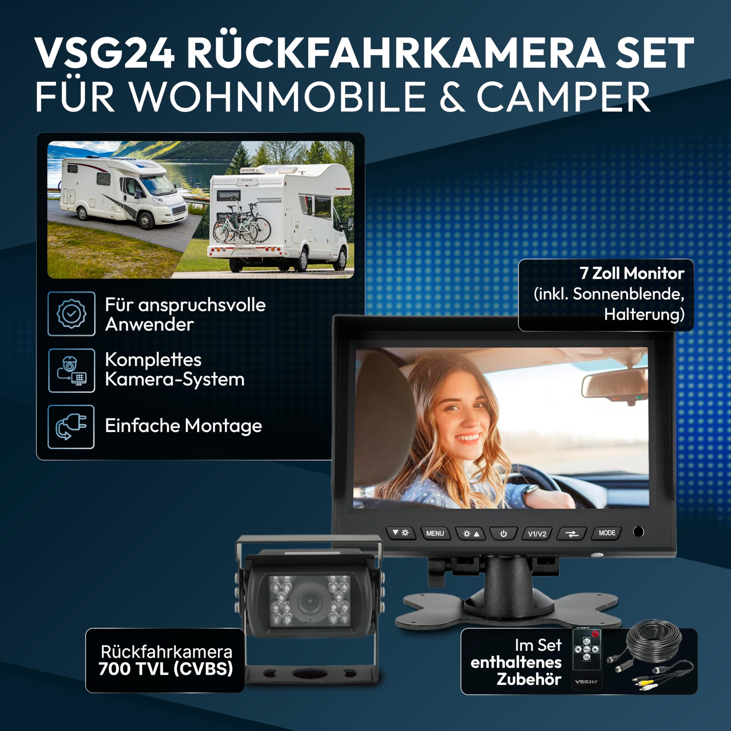 VSG24 Rückfahrkamera 7" Camper-Set Wasserdicht Nachtsicht 12V-24V Rückfahrsystem für Auto Wohnwagen LKW