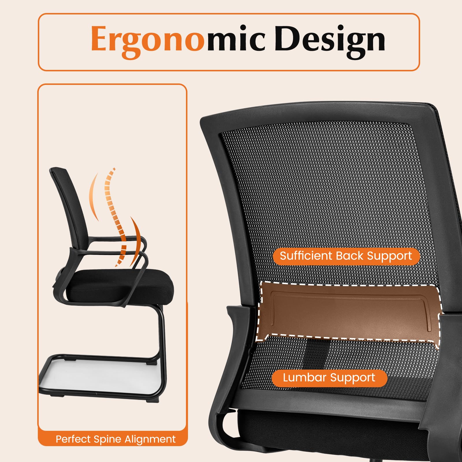 HOMASIS Sedia da Riunione con Braccioli e Supporto Lombare, Sedia da Ufficio Ergonomico con Base Resistente per Sala Conferenze, Studio, 62 x 59 x 94 cm, Nero (2)
