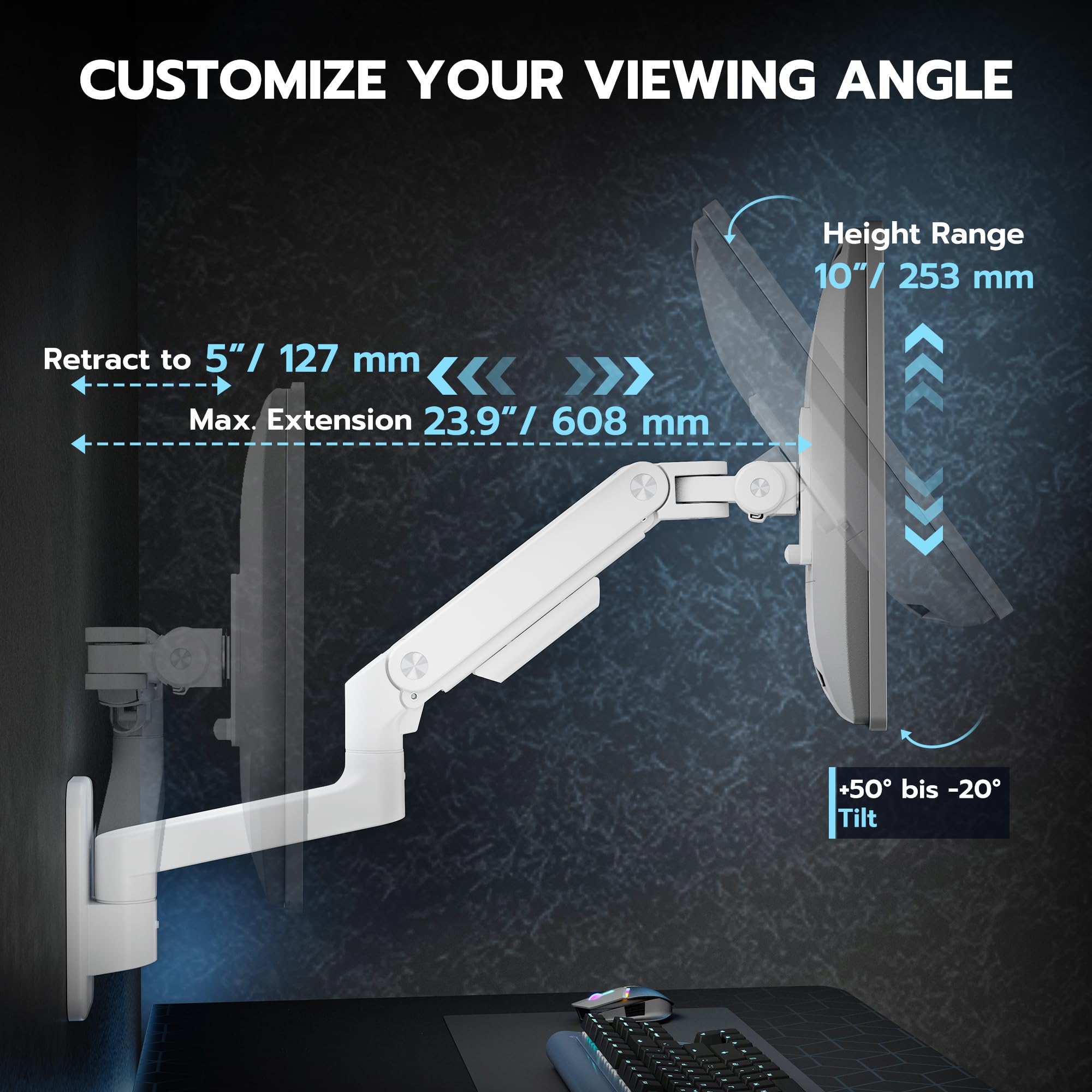 ARES WING Supporto da parete per monitor Ultra Wide 17-49",Bianco | 20 kg/braccio, molla a gas PC, monitor Hatlert, parete completamente regolabile, per ufficio e giochi, VESA 75/100
