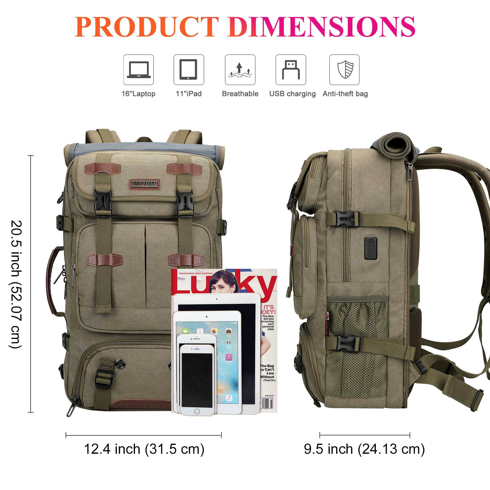 WITZMAN Canvas Reiserucksack Herren 40L Vintage 3-in-1 mit Laptopfach | USB-Anschluss, mehrere Fächer und flexible Tragemöglichkeiten, ideal für Reisen, Arbeit und Kurztrips, A8013 Armeegrün
