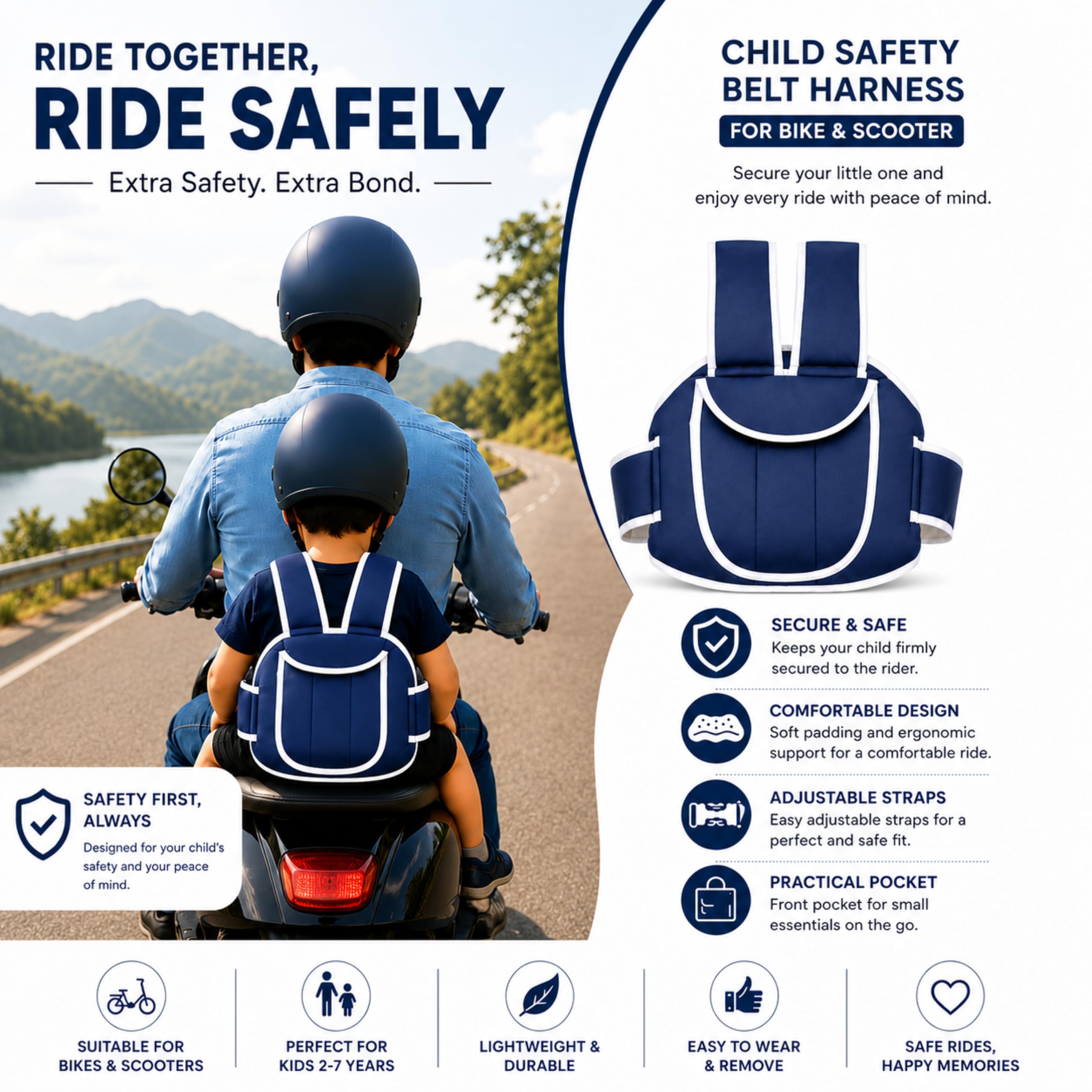 Mommers Baby Safety Belt for 2 Wheeler | Adjustable Harness for Bike and Scooter | Motorcycle Safety Harness Strap Belt for Children for 2 to 6 Year | Polyester - Blue — Amazon image 3