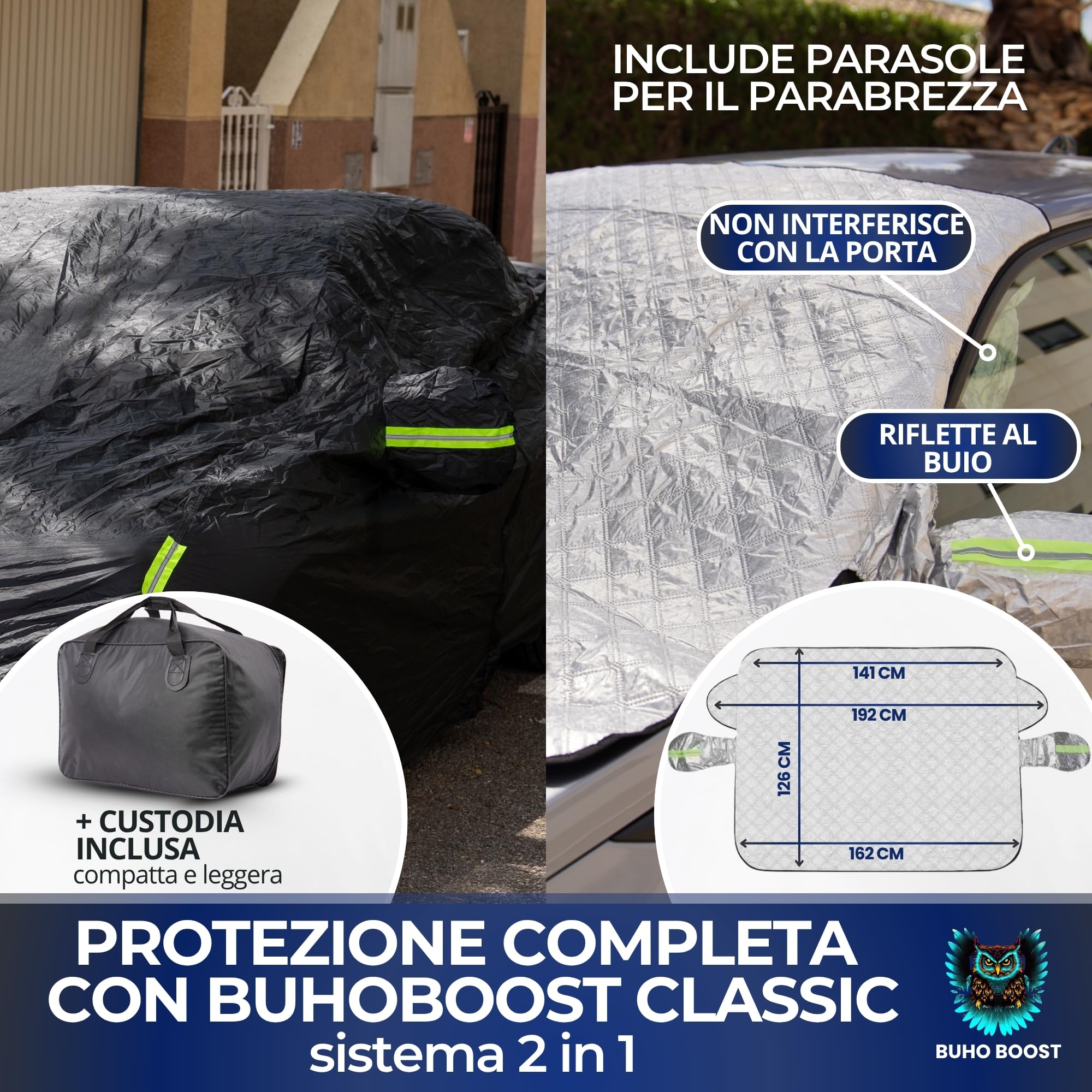 BuhoBoost Classic 150D Oxford pokrowiec na samochód z osłoną przeciwsłoneczną na przednią szybę - pokrowiec na samochód z 2 zamkami strategicznymi - pokrowiec samochodowy wodoodporny odporny na