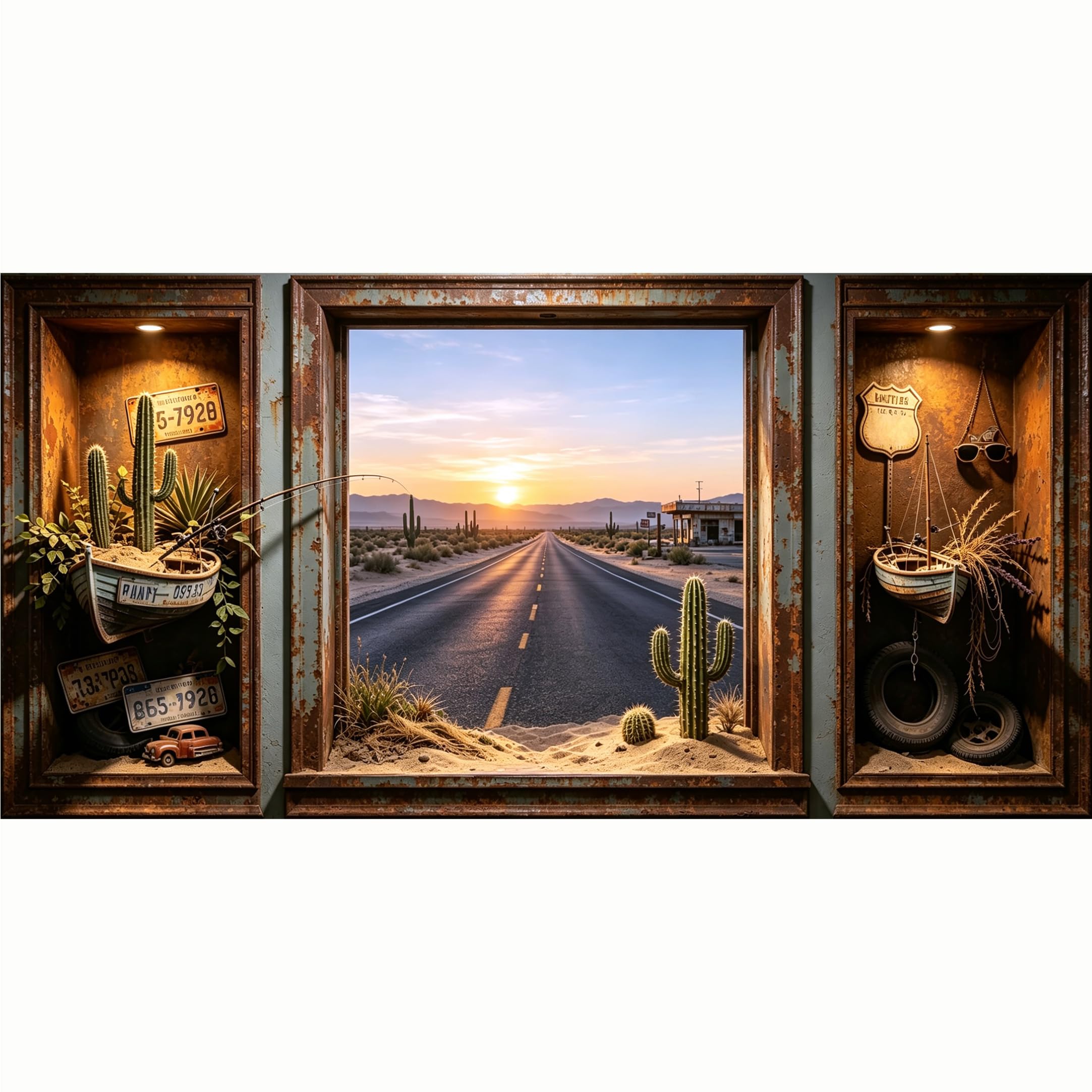 QZLITHOTIC 50x100cm 3D Framed Wall Art， Western Desert Highway Sunset Cactus Landscape SelfAdhesive Mural， Water‑Activated Peel & Stick Fabric Decor Wall Decal for Bedroom Living Room