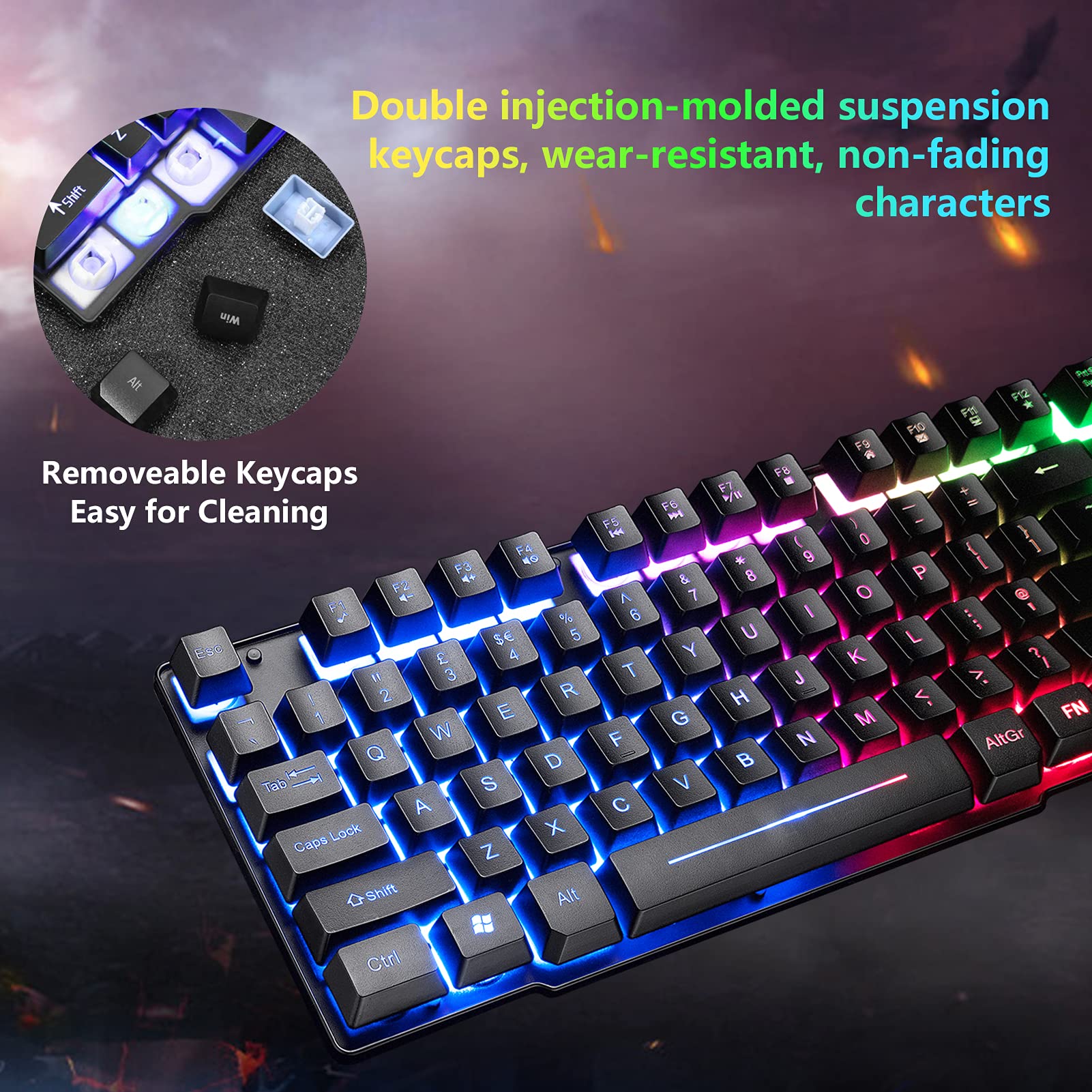 Juego de Teclado y ratón para Juegos, 104 Teclas, Teclado QWERTY retroiluminado arcoíris, 2400 dpi 4 Botones, cómoda Alfombrilla de ratón con Cable USB, Compatible con Windows Mac, PC, PS4, Negro