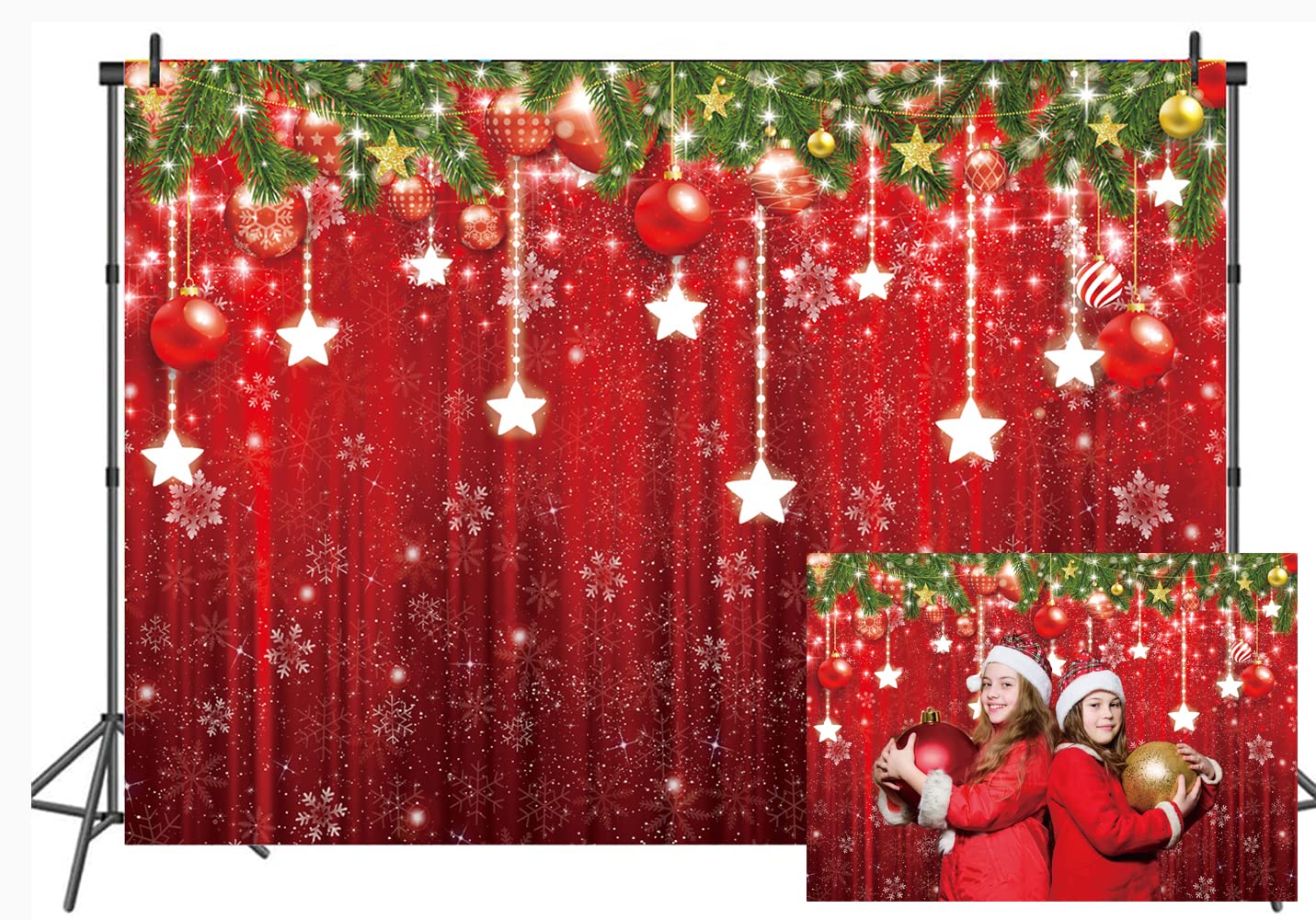 LTLYH 8x6ft Christmas Photography Backdrop Red Glitter Snowflake Star Hanging Ornaments Holiday Photo Background Xmas Party Decorations Holiday Photo