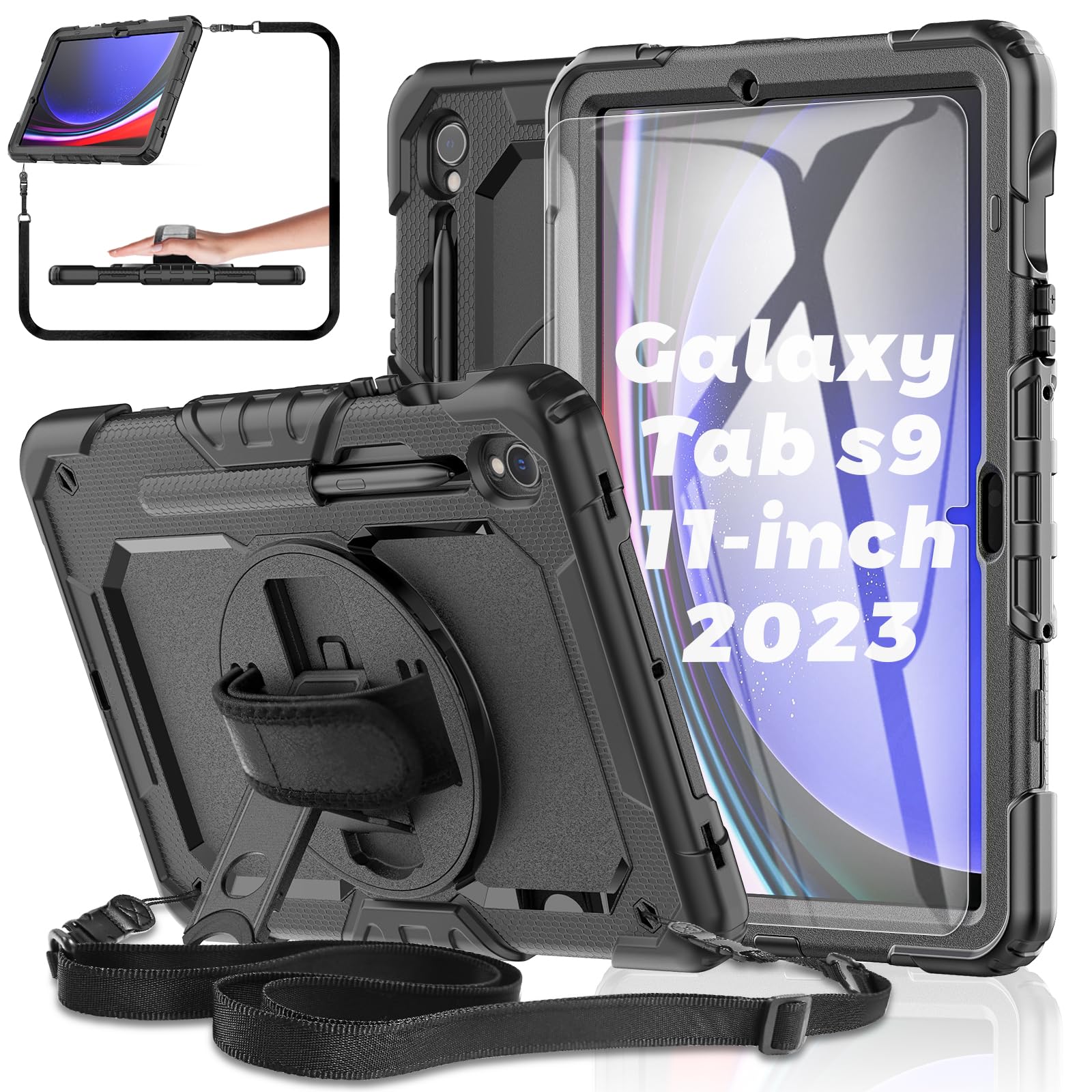 BASE MALLSamsung Galaxy Tab S9 FE/S9 Tablet 10.9/11 inch 2023 [with Tempered Glass Screen Protector], S9 Heavy Duty Shockproof Cover,Rotatable Kickstand, S Pen Holder,Hand/Shoulder Strap (Black)