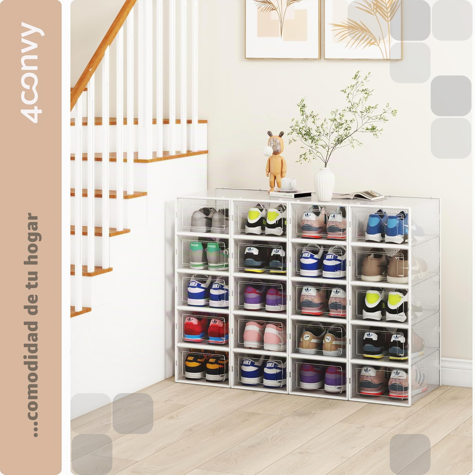 4CONVY Cajas de zapatos apilables plegables - Cajas de almacenamiento de zapatos duraderas - Organizador de zapatos - Cajas transparentes de plástico para armario dormitorio pasillo 6 unidades