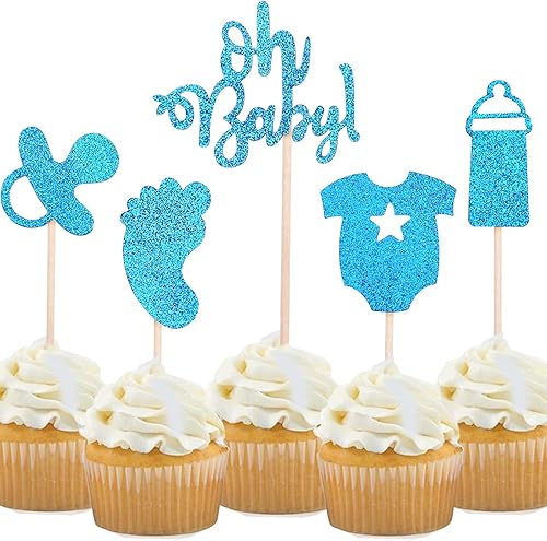 ALISSAR Paquete de 24 adornos azules con purpurina para cupcakes, decoración de fiesta de baby shower
