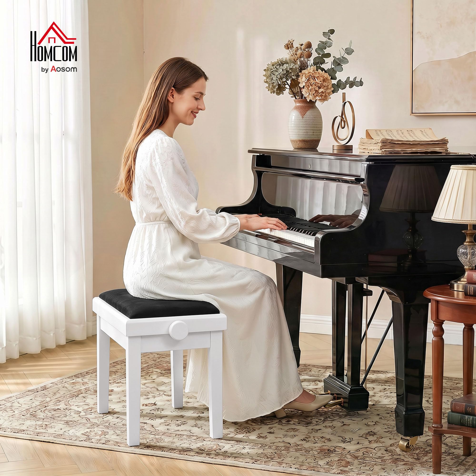 HOMCOM Banquette de Piano réglable en Hauteur 61,5 cm, siège avec Coussin rembourré Effet Velours, Pieds en hévéa laqué, pour Coiffeuse, Chambre ou Salon, Blanc