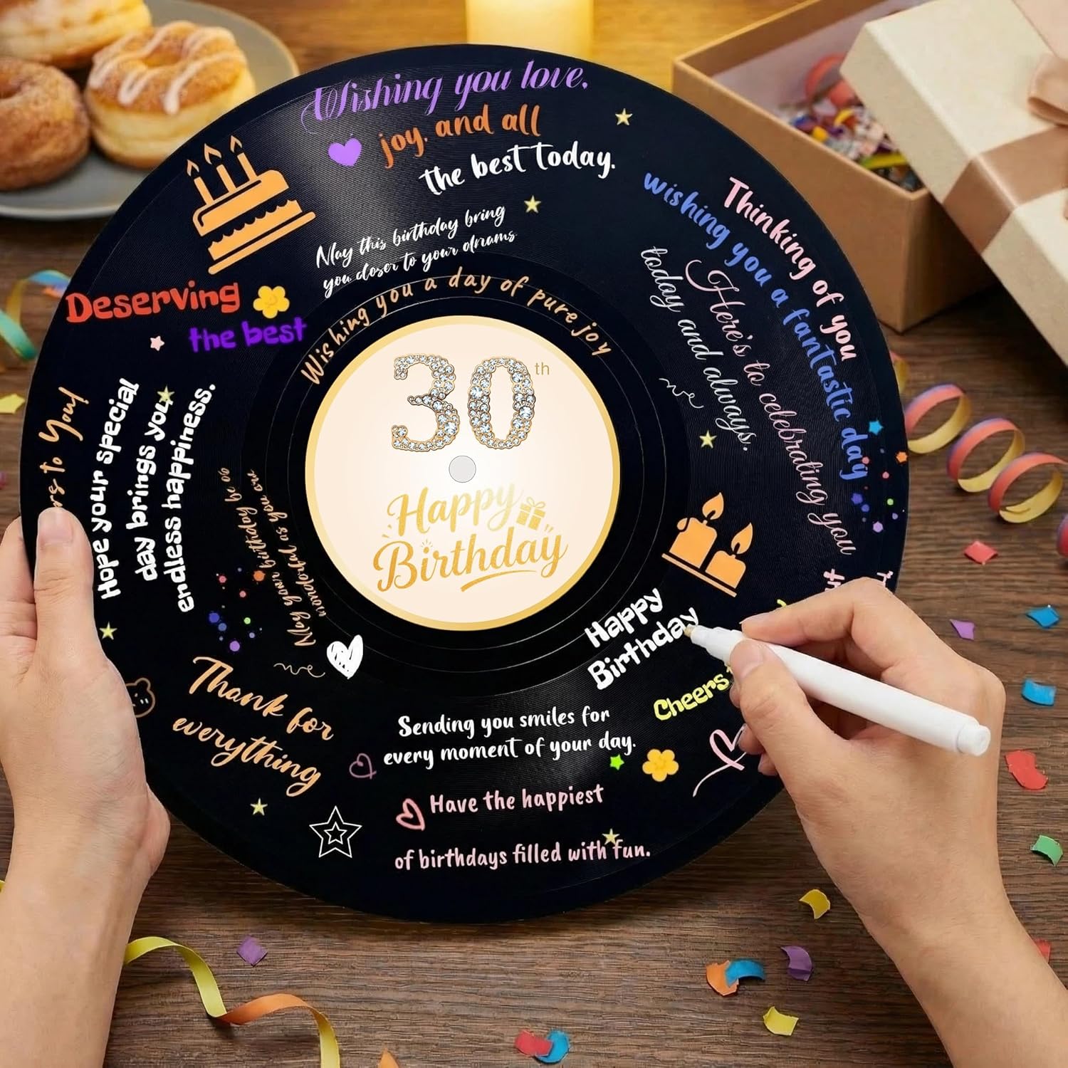 Vinyl Record Style Birthday Guest Book for 30th Birthday Decorations - Large 11.6"x11.6" Sign-In Poster with 12 Pens | Unique Keepsake Gift for Birthday Party Decor (30th,30th - 02, 11.6"L x 11.6"W) - Image 3